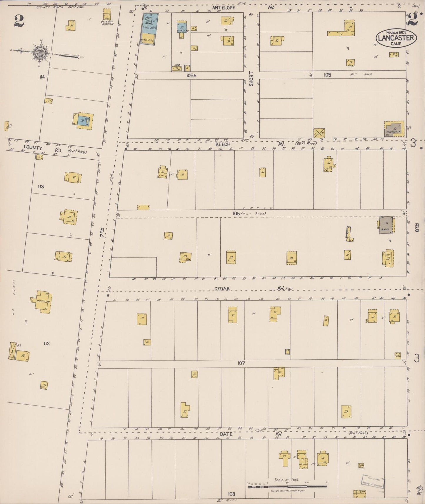 Sanborn Fire Insurance Map from Lancaster, Los Angeles County, California (1923), Sheet #0002 - Historic Sanborn Fire Insurance Map Print, vintage old map wall art, antique decor, genealogy gift, California California map