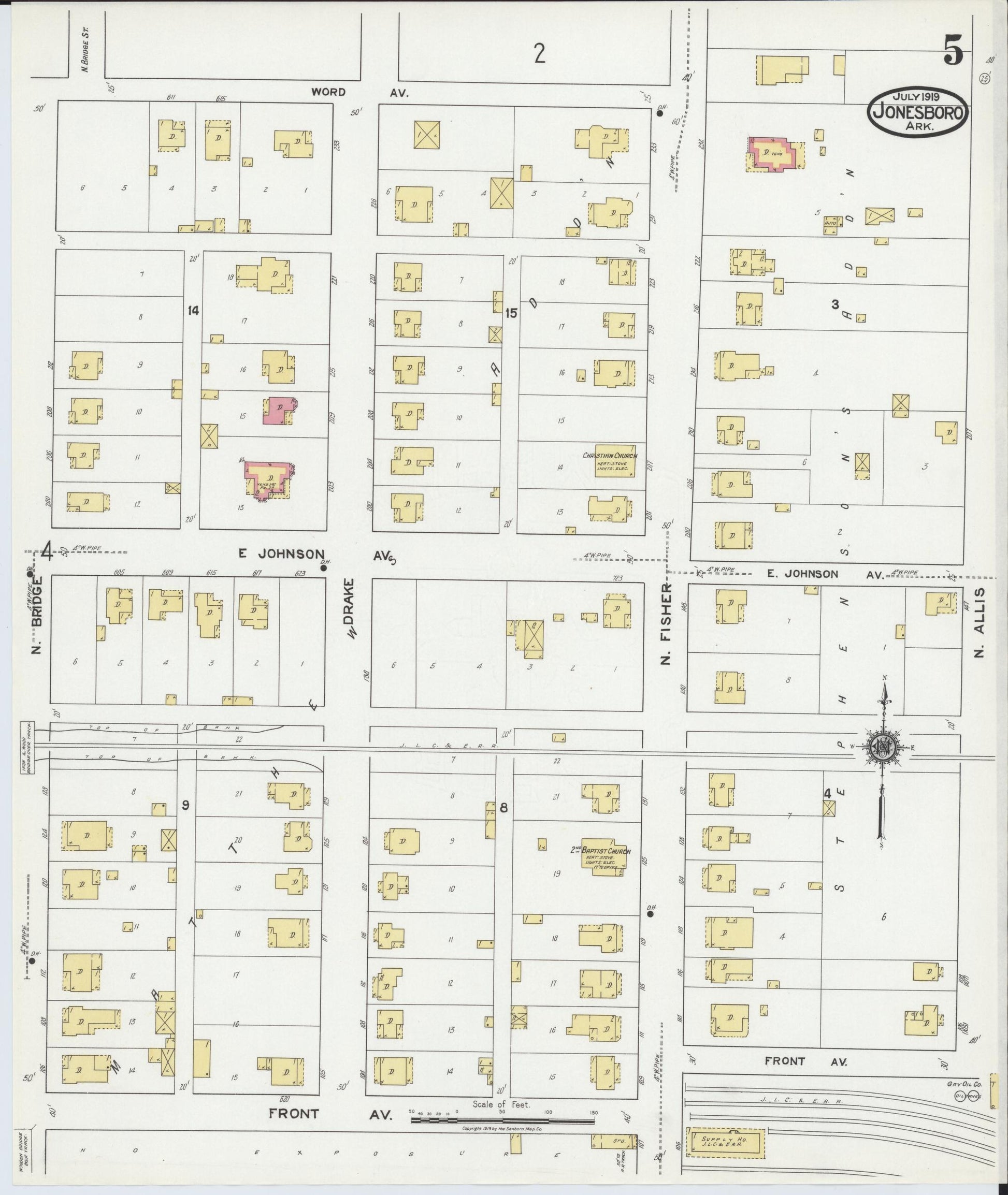 Sanborn Fire Insurance Map from Jonesboro, Craighead County, Arkansas (1919), Sheet #0005 - Complete Map Set gallery image, historic Sanborn map, vintage wall art, Arkansas Arkansas