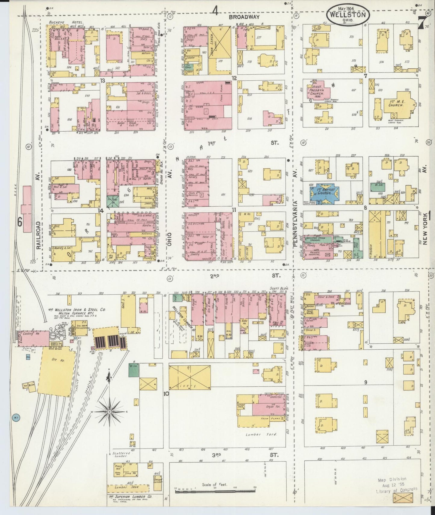 Sanborn Fire Insurance Map from Wellston, Jackson County, Ohio (1904), Sheet #0007 - Historic Sanborn Fire Insurance Map Print, vintage old map wall art, antique decor, genealogy gift, Ohio Ohio map