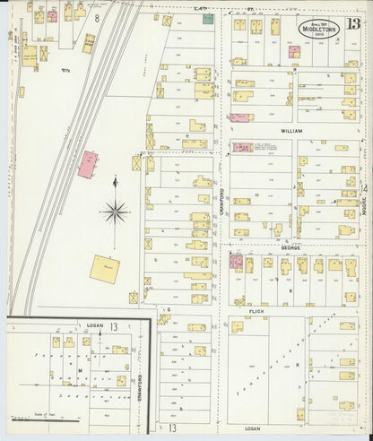 Sanborn Fire Insurance Map from Middletown, Butler County, Ohio (1907), Sheet #0013 - Historic Sanborn Fire Insurance Map Print, vintage old map wall art, antique decor, genealogy gift, Ohio Ohio map