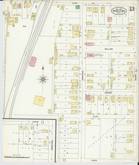 Sanborn Fire Insurance Map from Middletown, Butler County, Ohio (1907), Sheet #0013 - Historic Sanborn Fire Insurance Map Print, vintage old map wall art, antique decor, genealogy gift, Ohio Ohio map