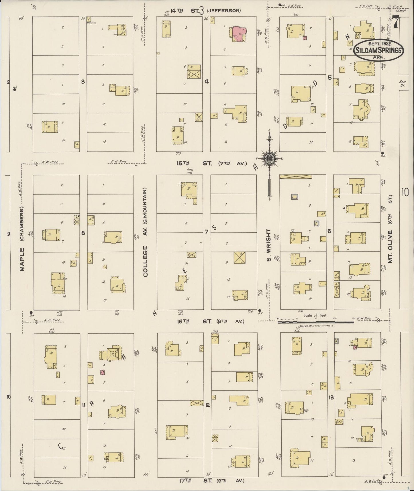 Sanborn Fire Insurance Map from Siloam Springs, Benton County, Arkansas (1922), Sheet #0007 - Complete Map Set gallery image, historic Sanborn map, vintage wall art, Arkansas Arkansas