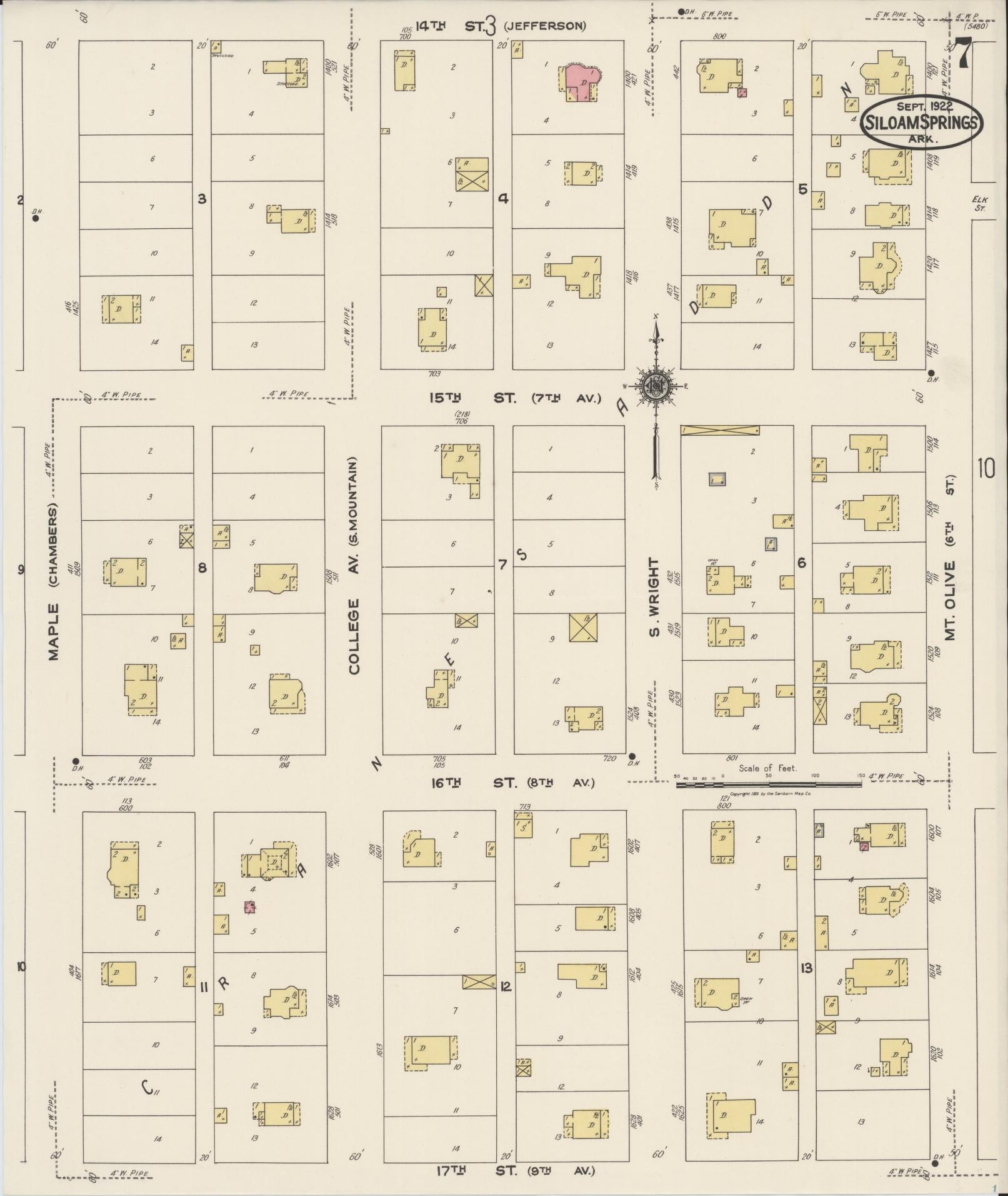Sanborn Fire Insurance Map from Siloam Springs, Benton County, Arkansas (1922), Sheet #0007 - Complete Map Set gallery image, historic Sanborn map, vintage wall art, Arkansas Arkansas