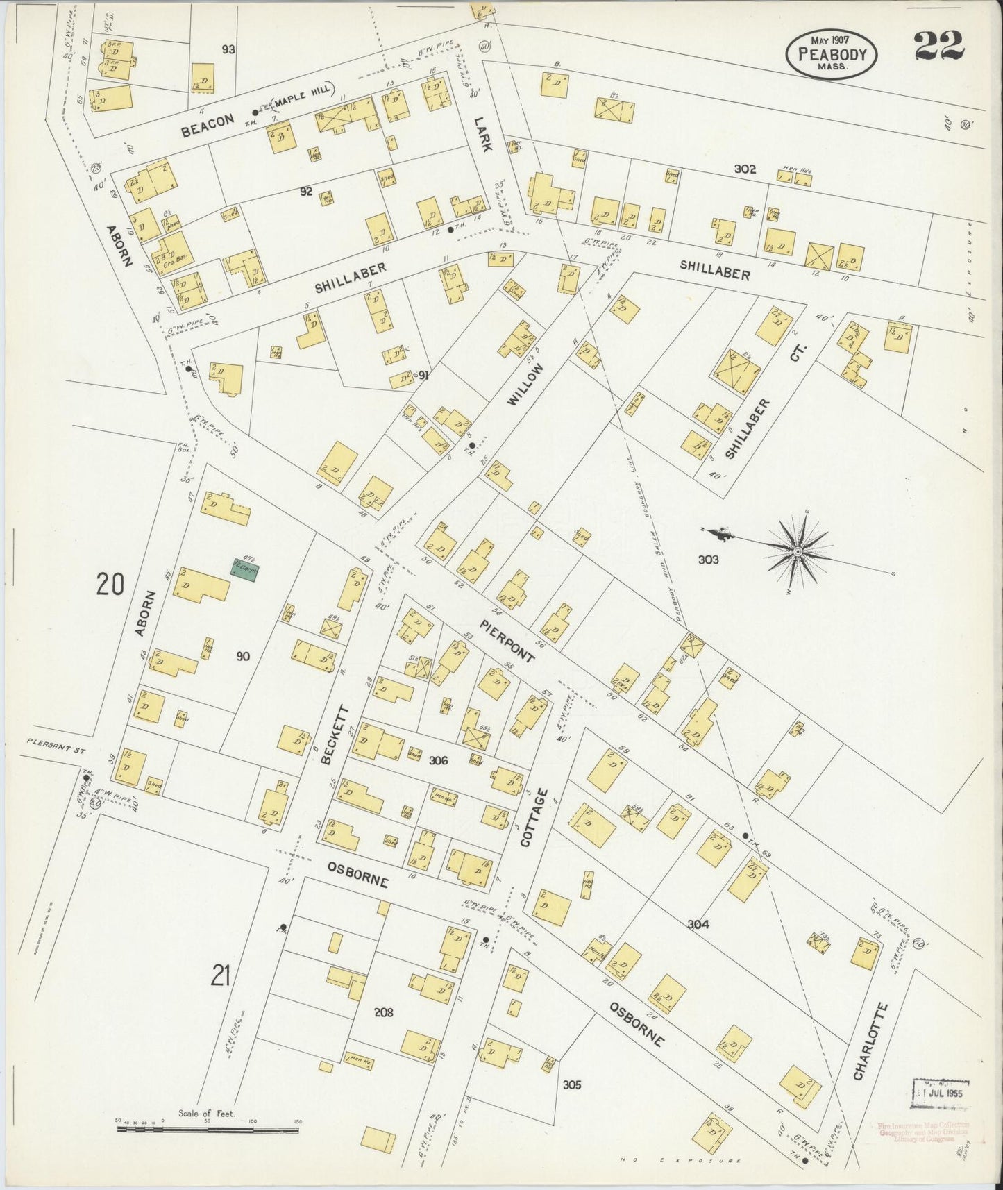 Sanborn Fire Insurance Map from Peabody, Essex County, Massachusetts (1907), Sheet #0022 - Historic Sanborn Fire Insurance Map Print, vintage old map wall art, antique decor, genealogy gift, Massachusetts Massachusetts map