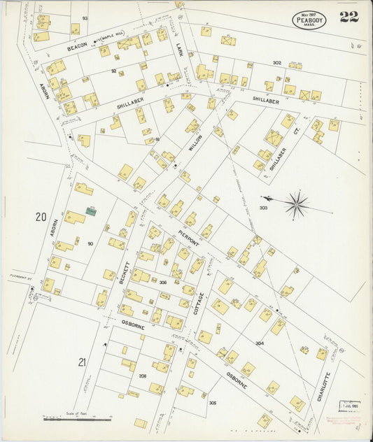 Sanborn Fire Insurance Map from Peabody, Essex County, Massachusetts (1907), Sheet #0022 - Historic Sanborn Fire Insurance Map Print, vintage old map wall art, antique decor, genealogy gift, Massachusetts Massachusetts map