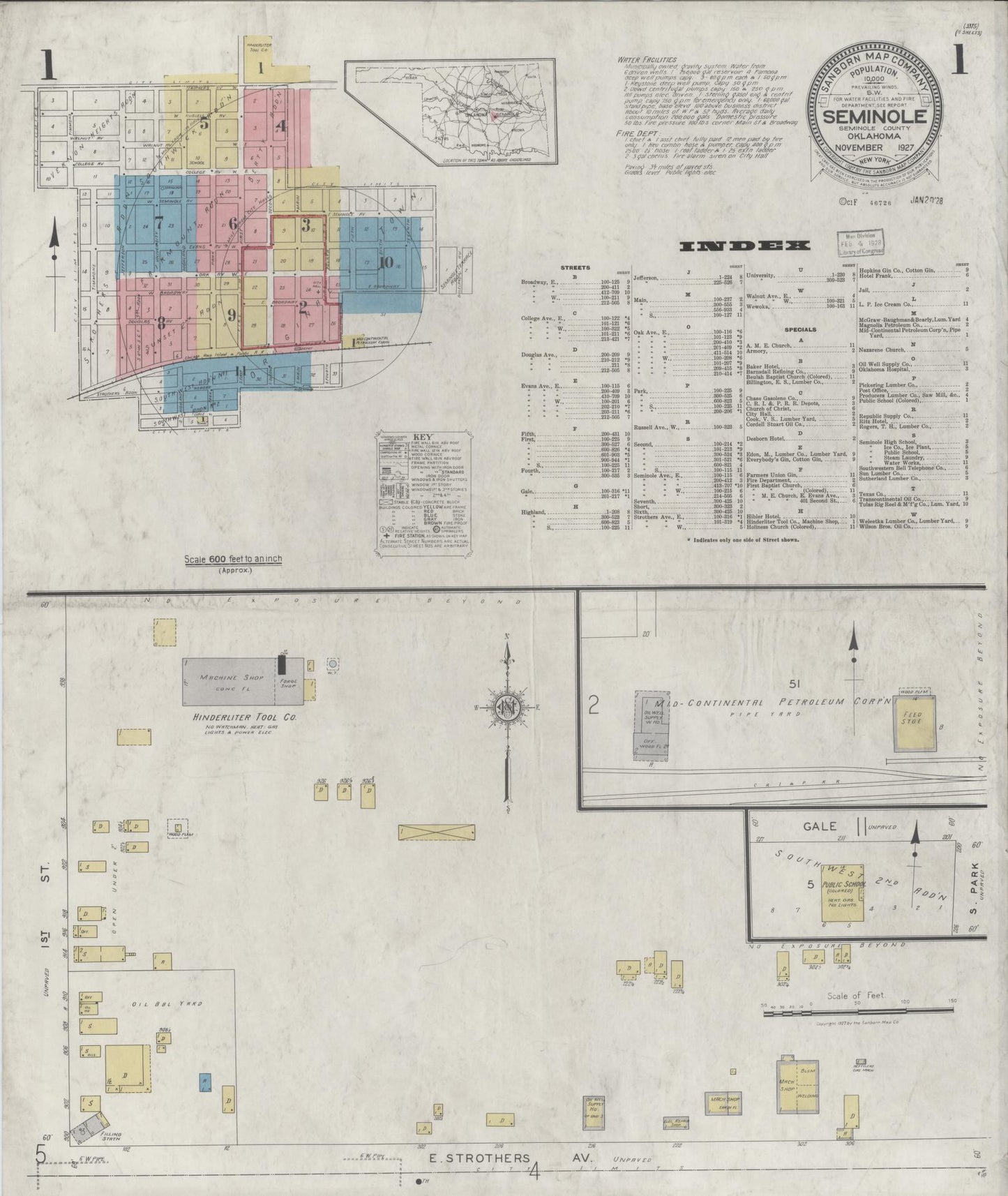 Sanborn Fire Insurance Map from Seminole, Seminole County, Oklahoma (1927), Sheet #0001 - Complete Map Set gallery image, historic Sanborn map, vintage wall art, Oklahoma Oklahoma
