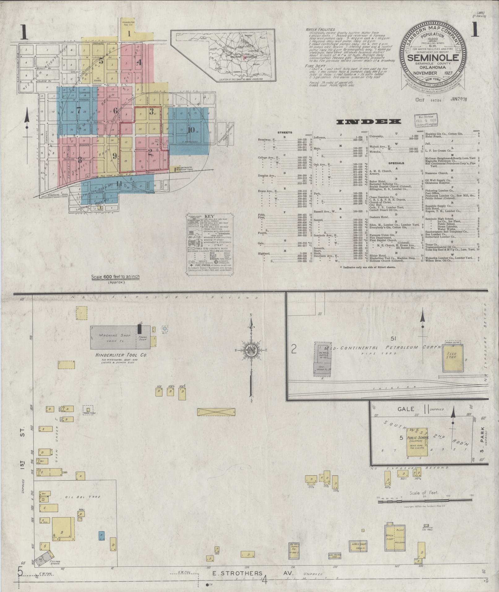 Sanborn Fire Insurance Map from Seminole, Seminole County, Oklahoma (1927), Sheet #0001 - Complete Map Set gallery image, historic Sanborn map, vintage wall art, Oklahoma Oklahoma