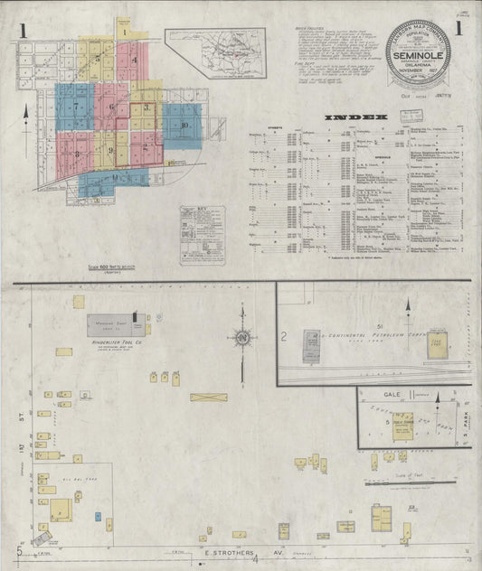 Sanborn Fire Insurance Map from Seminole, Seminole County, Oklahoma (1927), Sheet #0001 - Complete Map Set gallery image, historic Sanborn map, vintage wall art, Oklahoma Oklahoma