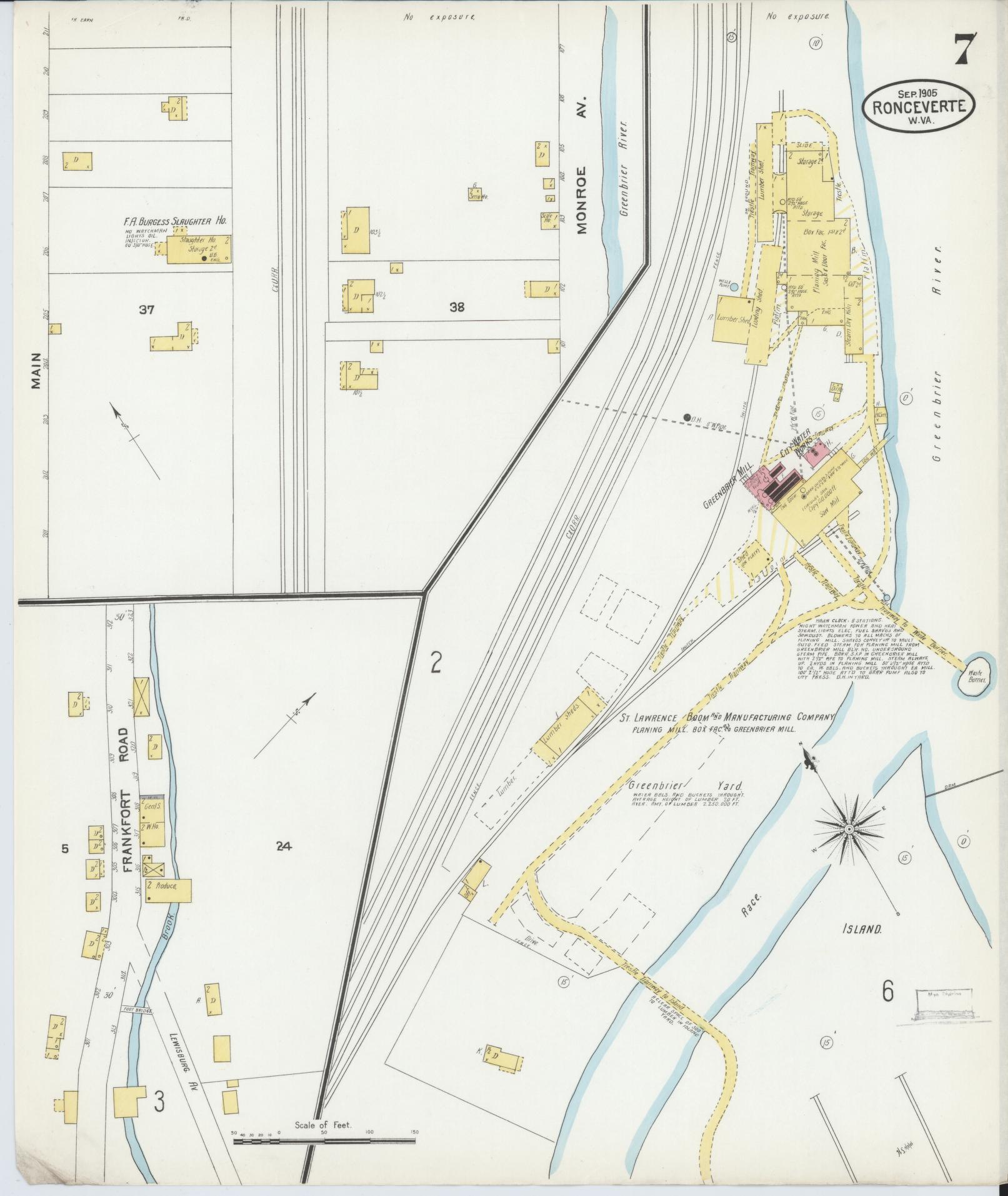 Sanborn Fire Insurance Map from Ronceverte, Greenbrier County, West Virginia (1905), Sheet #0007 - Historic Sanborn Fire Insurance Map Print, vintage old map wall art, antique decor, genealogy gift, West Virginia West Virginia map