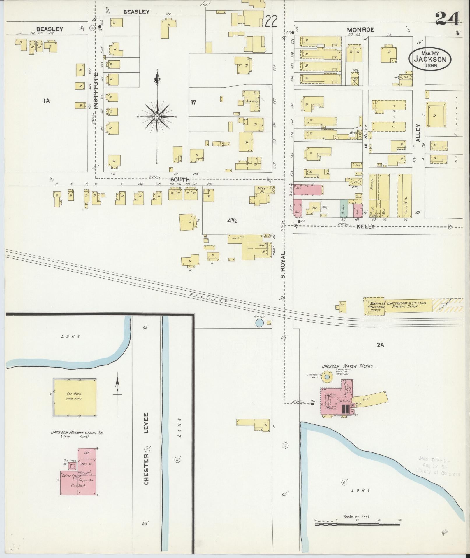 Sanborn Fire Insurance Map from Jackson, Madison County, Tennessee (1907), Sheet #0024 - Complete Map Set gallery image, historic Sanborn map, vintage wall art, Tennessee Tennessee