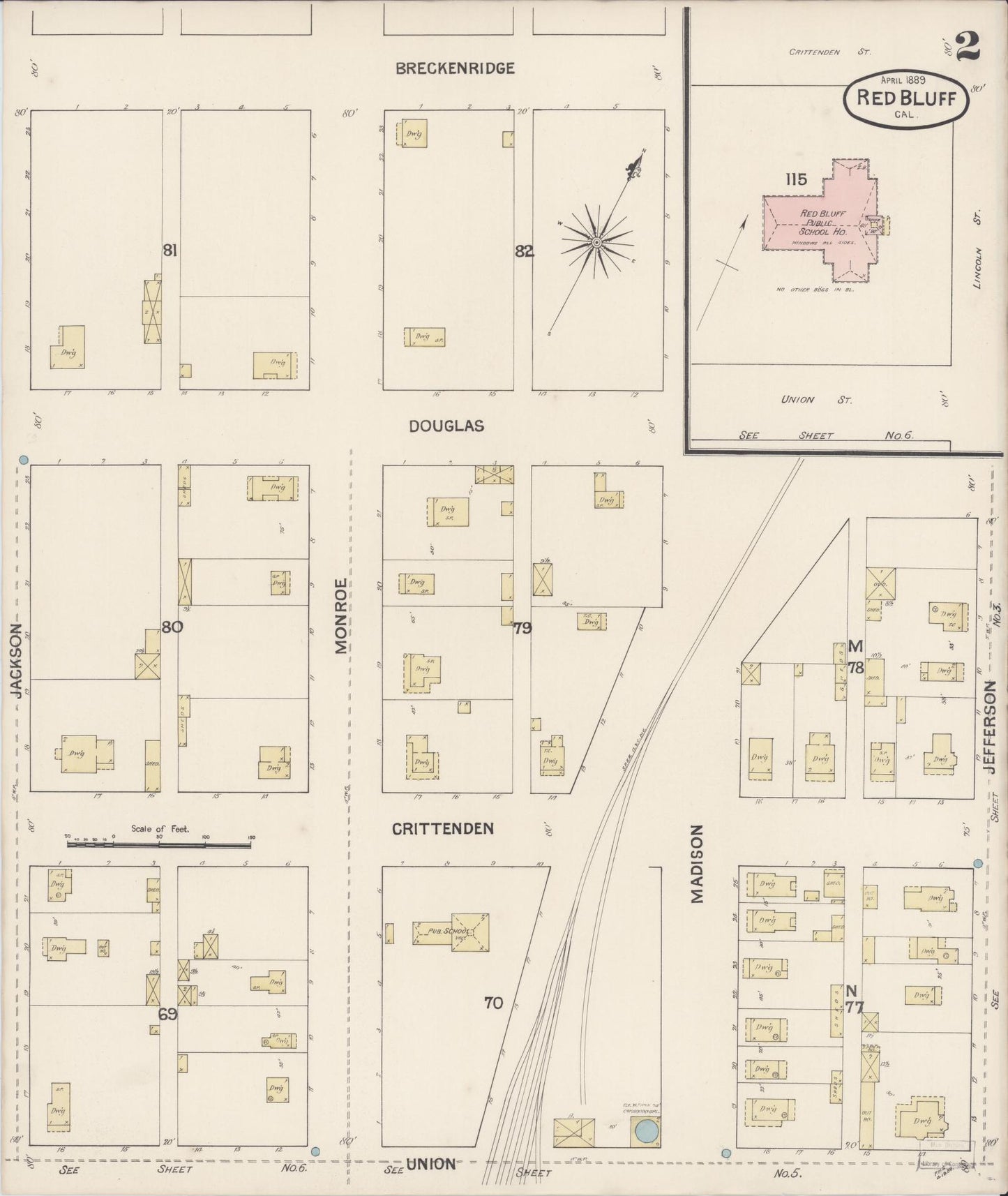 Sanborn Fire Insurance Map from Red Bluff, Tehama County, California (1889), Sheet #0002 - Complete Map Set gallery image, historic Sanborn map, vintage wall art, California California