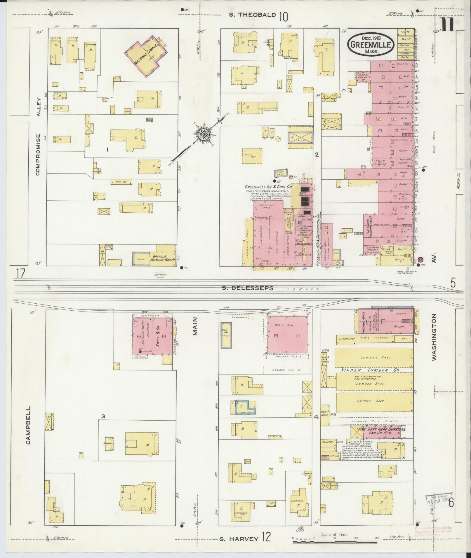 Sanborn Fire Insurance Map from Greenville, Washington County, Mississippi (1915), Sheet #0011 - Historic Sanborn Fire Insurance Map Print, vintage old map wall art, antique decor, genealogy gift, Mississippi Mississippi map