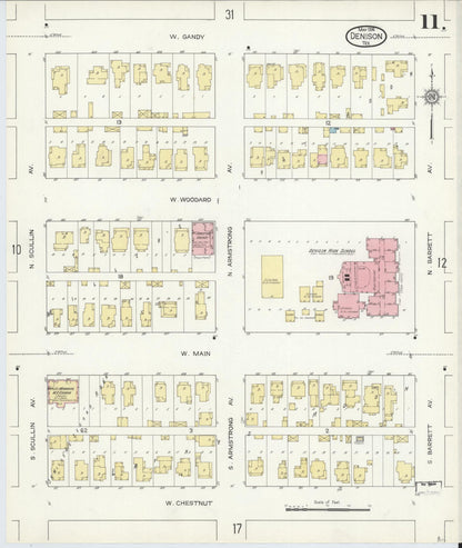 Sanborn Fire Insurance Map from Denison, Grayson County, Texas (1914), Sheet #0011 - Historic Sanborn Fire Insurance Map Print, vintage old map wall art, antique decor, genealogy gift, Texas Texas map