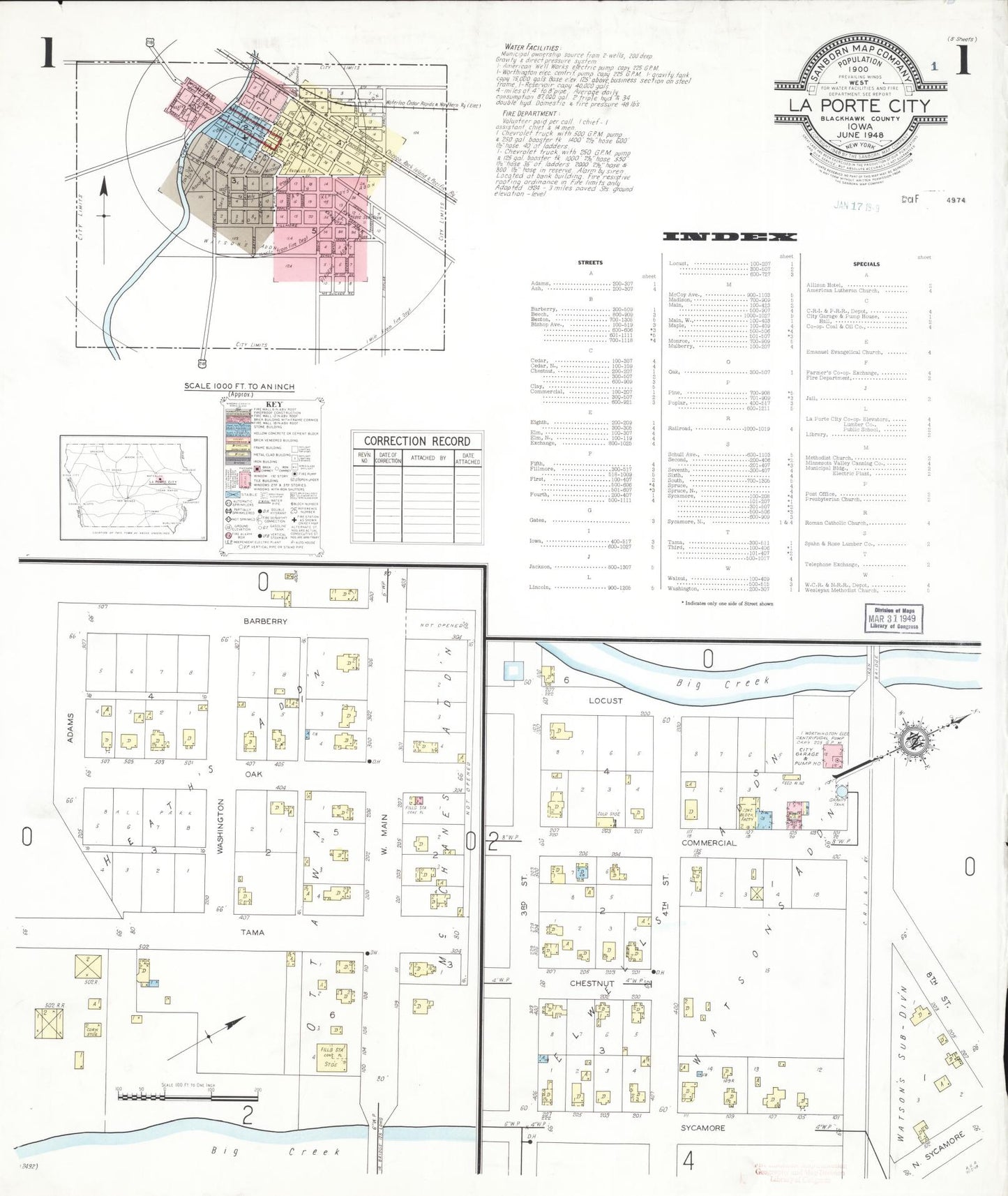 Sanborn Fire Insurance Map from La Porte City, Black Hawk County, Iowa (1948), Sheet #0001 - Historic Sanborn Fire Insurance Map Print, vintage old map wall art