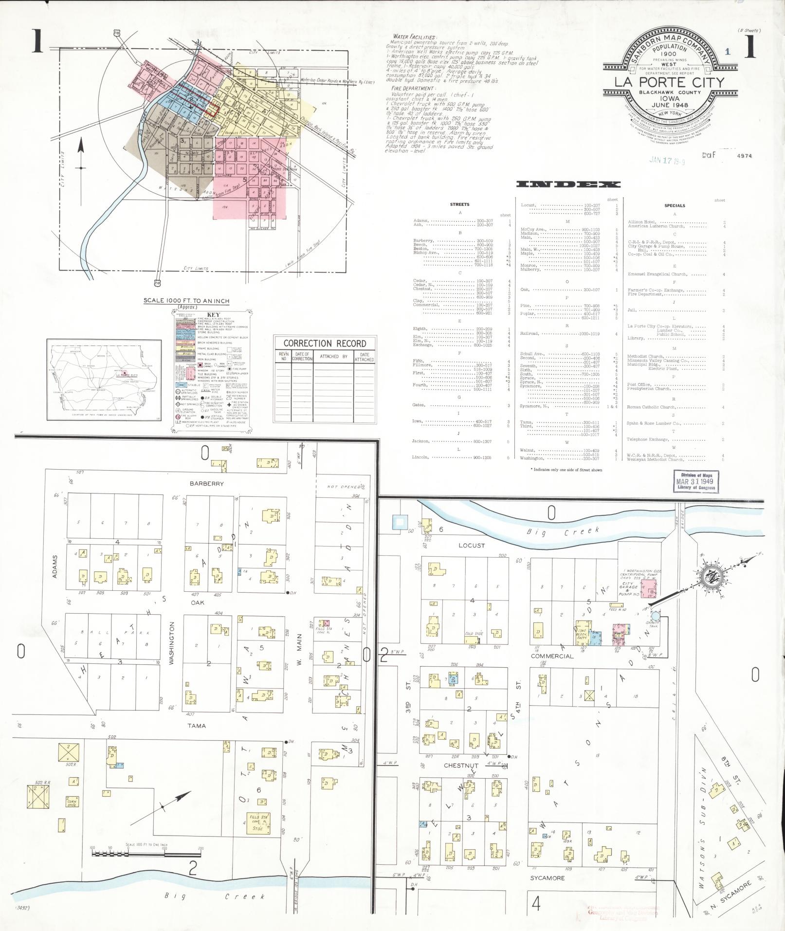 Sanborn Fire Insurance Map from La Porte City, Black Hawk County, Iowa (1948), Sheet #0001 - Historic Sanborn Fire Insurance Map Print, vintage old map wall art