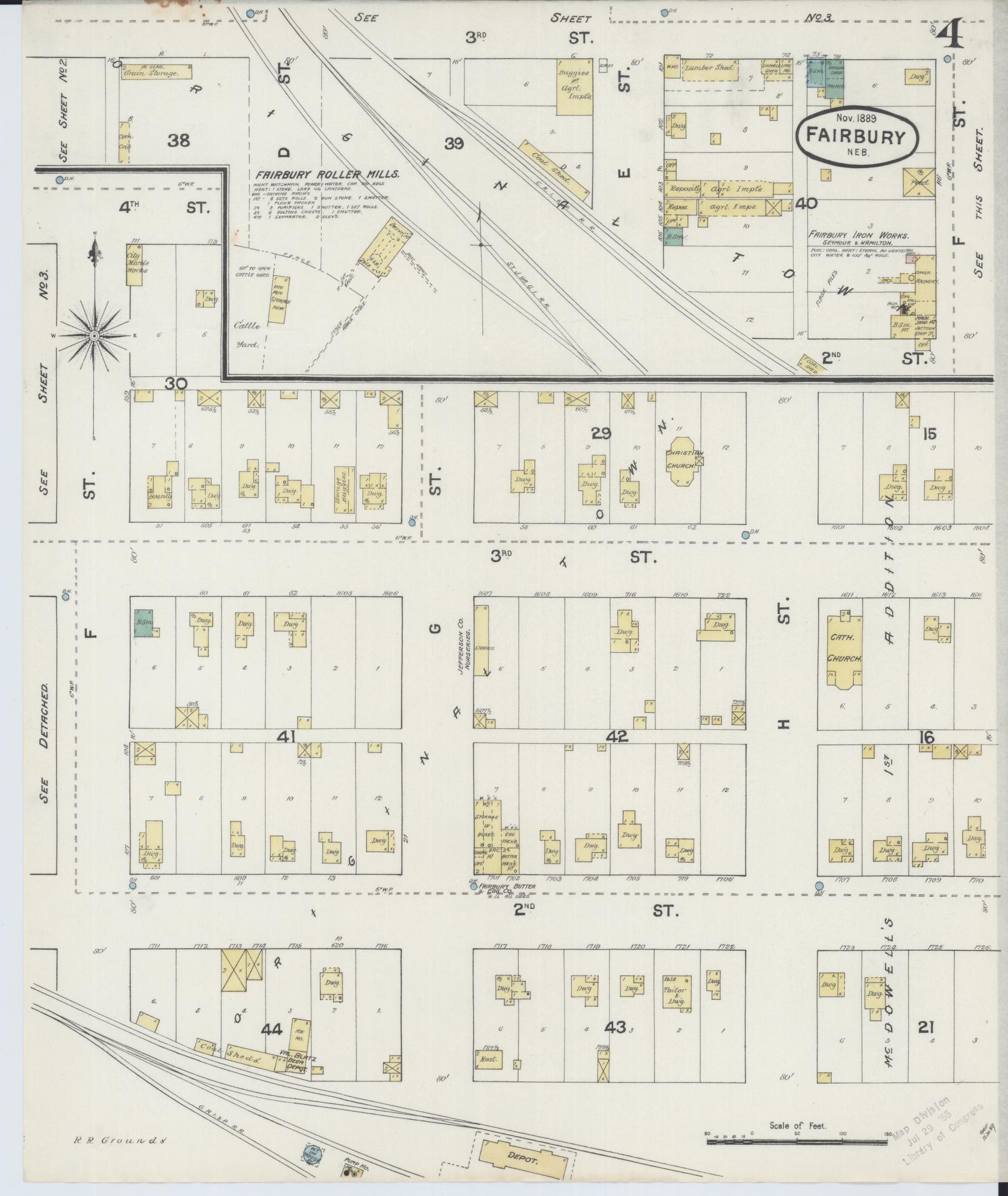 Sanborn Fire Insurance Map from Fairbury, Jefferson County, Nebraska (1889), Sheet #0004 - Historic Sanborn Fire Insurance Map Print, vintage old map wall art, antique decor, genealogy gift, Nebraska Nebraska map