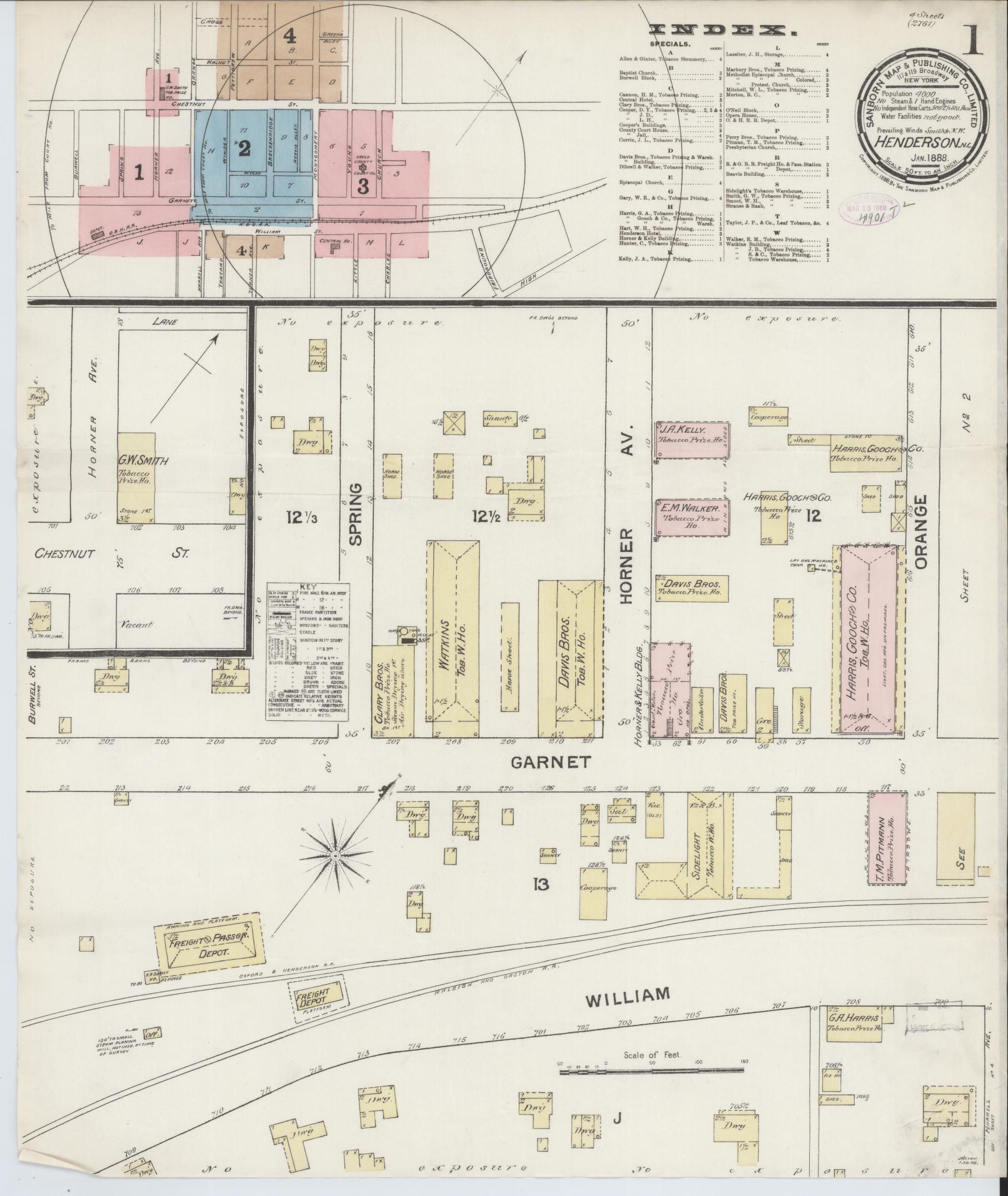 Sanborn Fire Insurance Map from Henderson, Vance County, North Carolina (1888), Sheet #0001 - Historic Sanborn Fire Insurance Map Print, vintage old map wall art, antique decor, genealogy gift, North Carolina North Carolina map