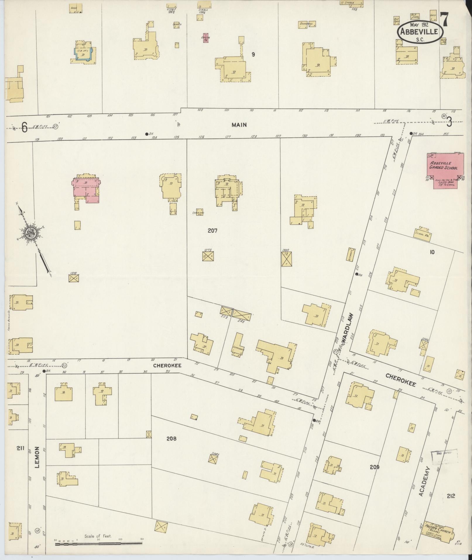 Sanborn Fire Insurance Map from Abbeville, Abbeville County, South Carolina (1912), Sheet #0007 - Complete Map Set gallery image, historic Sanborn map, vintage wall art, South Carolina South Carolina