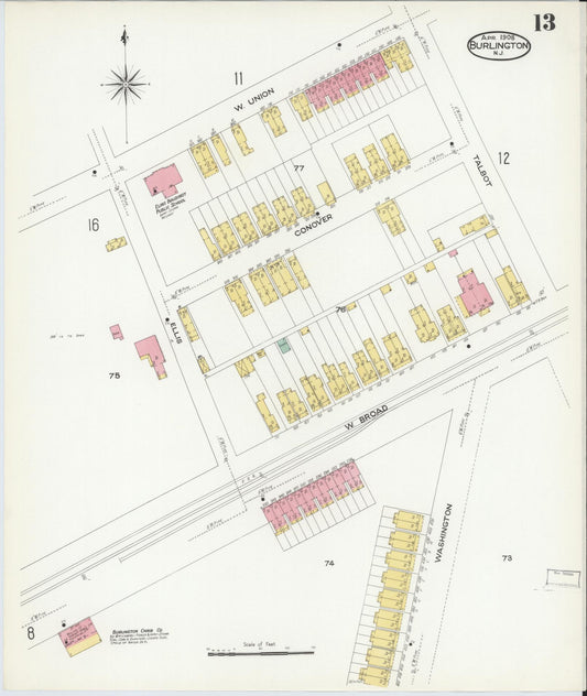 Sanborn Fire Insurance Map from Burlington, Burlington County, New Jersey (1908), Sheet #0012 - Historic Sanborn Fire Insurance Map Print, vintage old map wall art, antique decor, genealogy gift, New Jersey New Jersey map