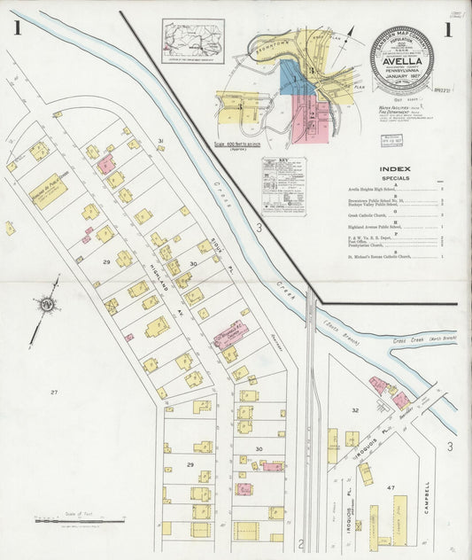 Sanborn Fire Insurance Map from Avella, Washington County, Pennsylvania (1927), Sheet #0001 - Historic Sanborn Fire Insurance Map Print, vintage old map wall art, antique decor, genealogy gift, Pennsylvania Pennsylvania map