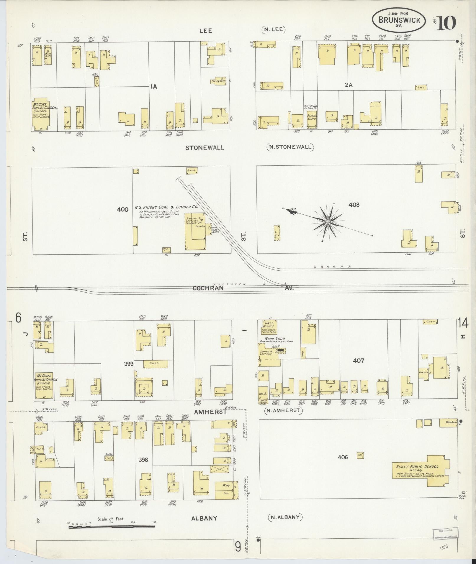 Sanborn Fire Insurance Map from Brunswick, Glynn County, Georgia (1908), Sheet #0010 - Historic Sanborn Fire Insurance Map Print, vintage old map wall art, antique decor, genealogy gift, Georgia Georgia map
