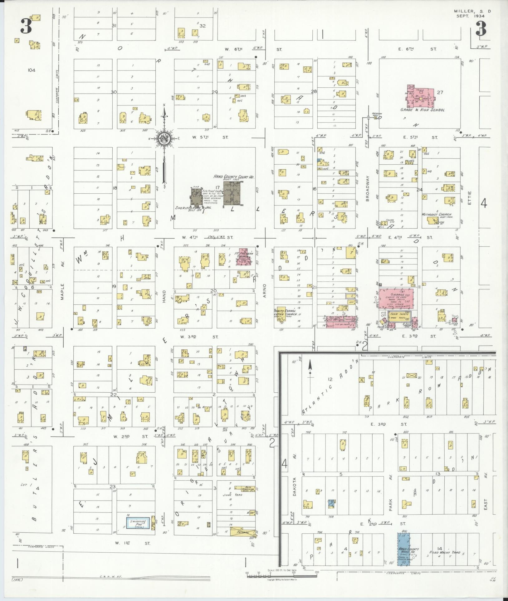 Sanborn Fire Insurance Map from Miller, Hand County, South Dakota (1934), Sheet #0003 - Historic Sanborn Fire Insurance Map Print, vintage old map wall art, antique decor, genealogy gift, South Dakota South Dakota map