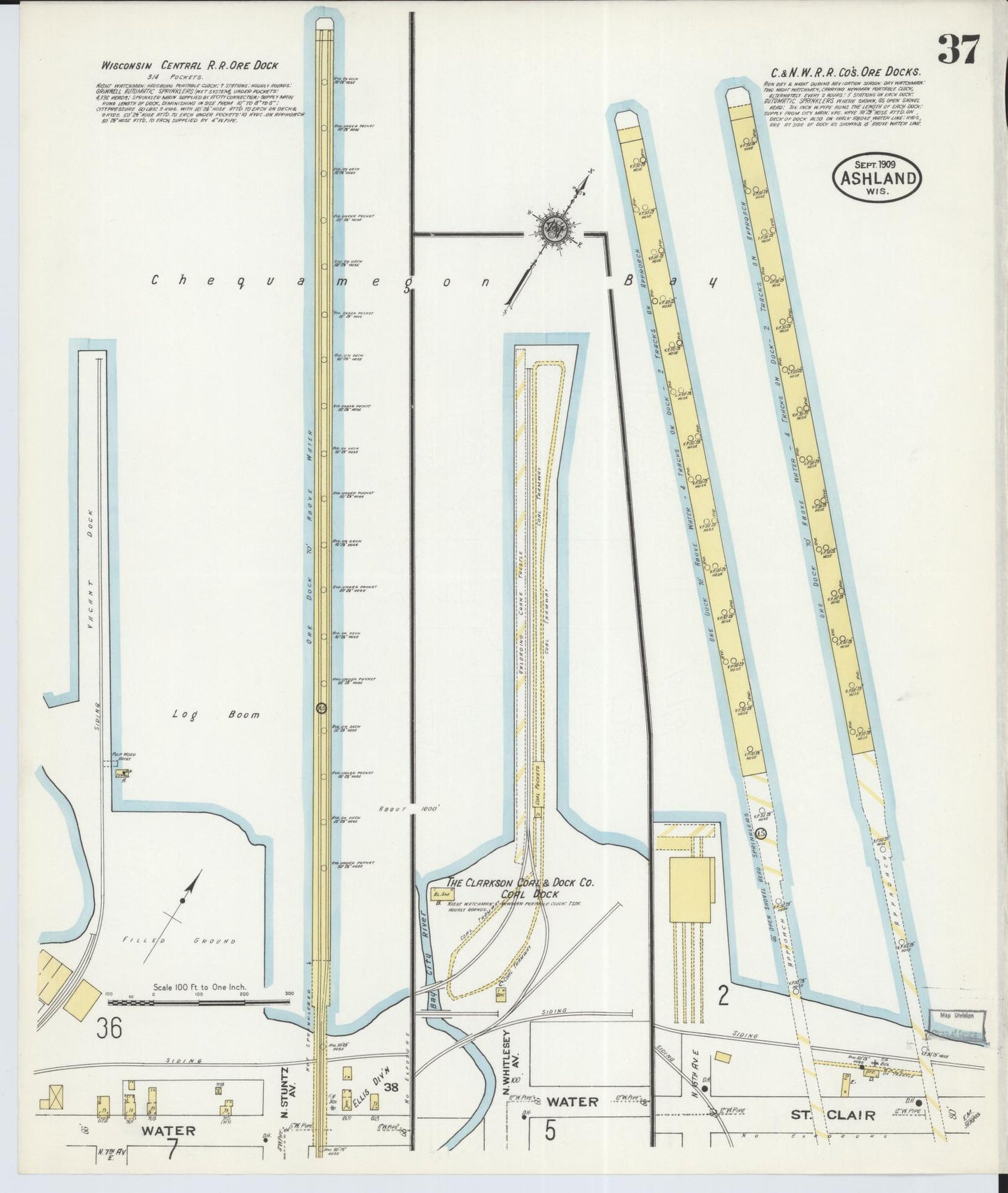 Sanborn Fire Insurance Map from Ashland, Ashland County, Wisconsin (1909), Sheet #0037 - Historic Sanborn Fire Insurance Map Print, vintage old map wall art, antique decor, genealogy gift, Wisconsin Wisconsin map