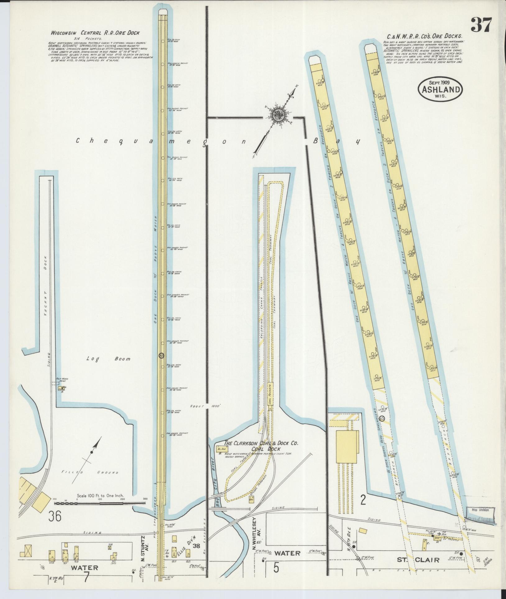 Sanborn Fire Insurance Map from Ashland, Ashland County, Wisconsin (1909), Sheet #0037 - Historic Sanborn Fire Insurance Map Print, vintage old map wall art, antique decor, genealogy gift, Wisconsin Wisconsin map