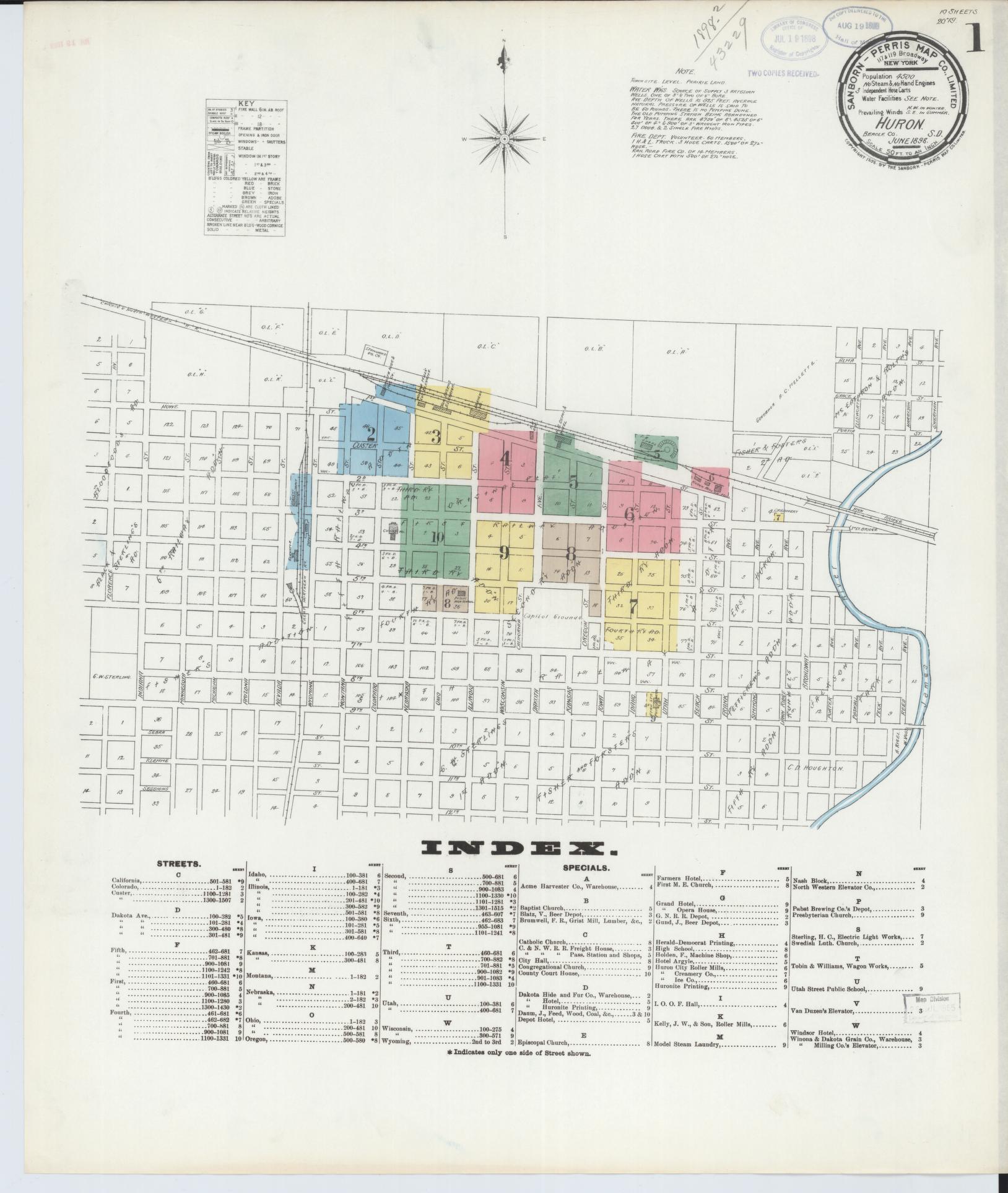 Sanborn Fire Insurance Map from Huron, Beadle County, South Dakota (1898), Sheet #0001 - Complete Map Set gallery image, historic Sanborn map, vintage wall art, South Dakota South Dakota