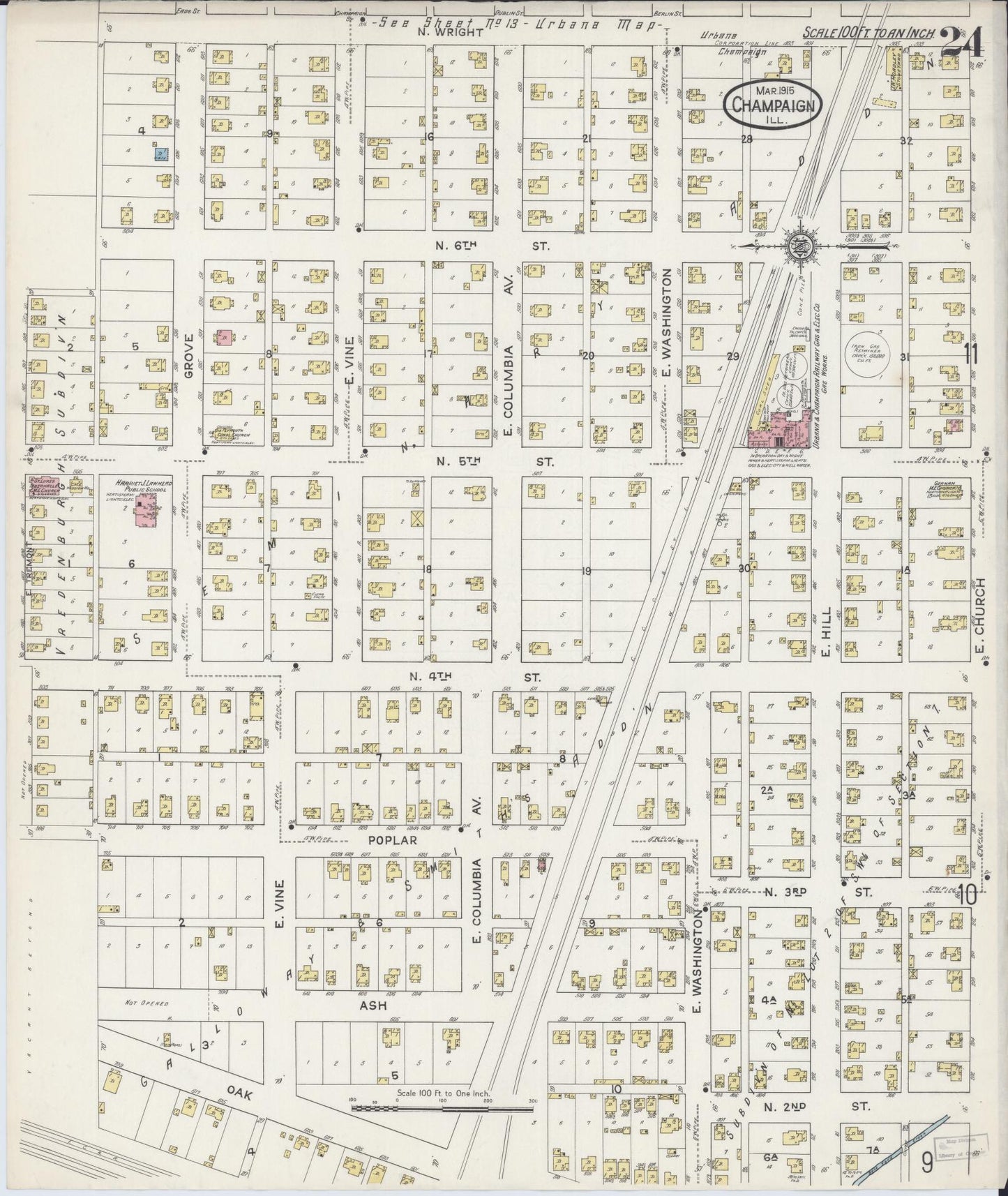 Sanborn Fire Insurance Map from Champaign, Champaign County, Illinois (1915), Sheet #0024 - Complete Map Set gallery image, historic Sanborn map, vintage wall art, Illinois Illinois