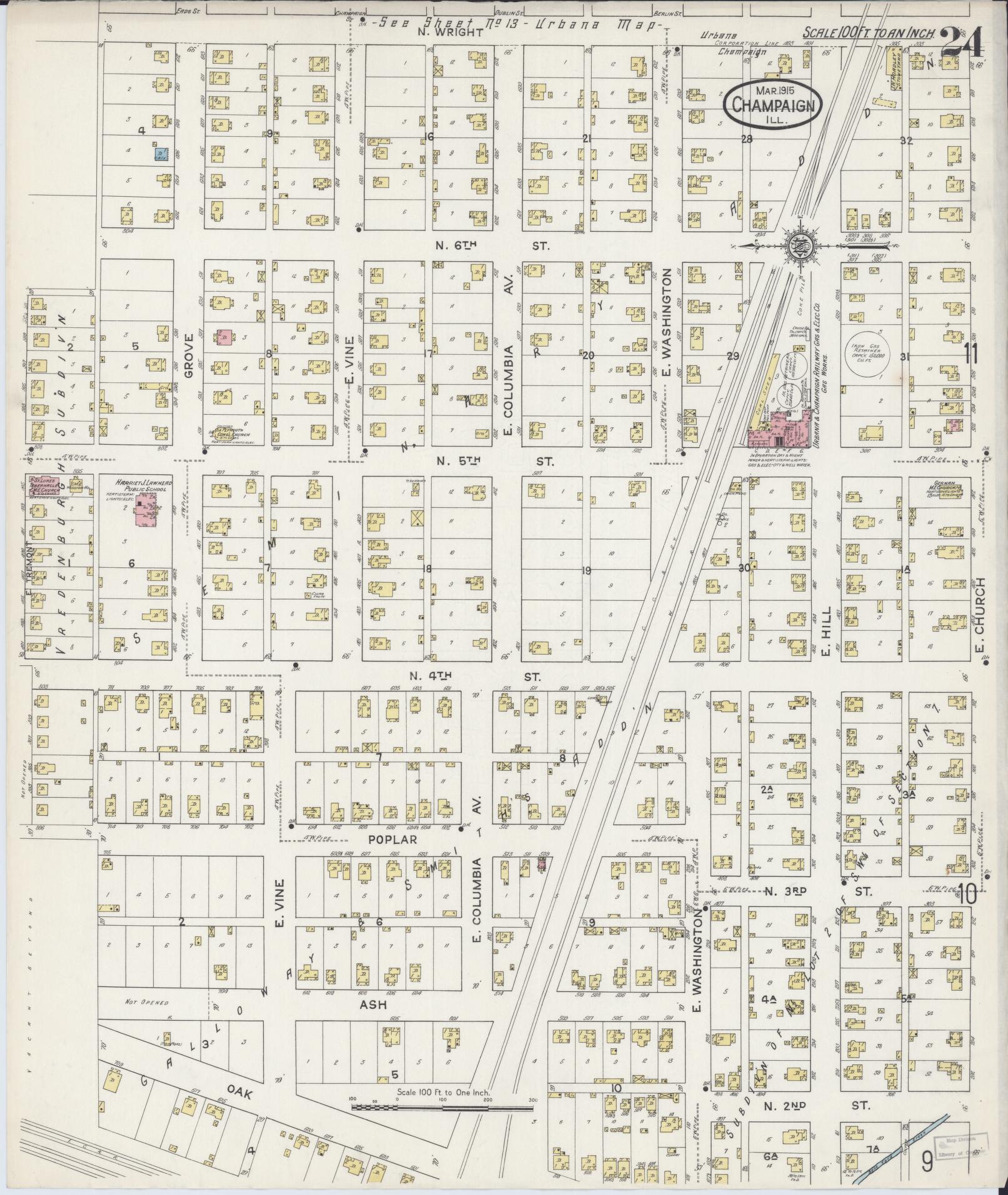 Sanborn Fire Insurance Map from Champaign, Champaign County, Illinois (1915), Sheet #0024 - Complete Map Set gallery image, historic Sanborn map, vintage wall art, Illinois Illinois