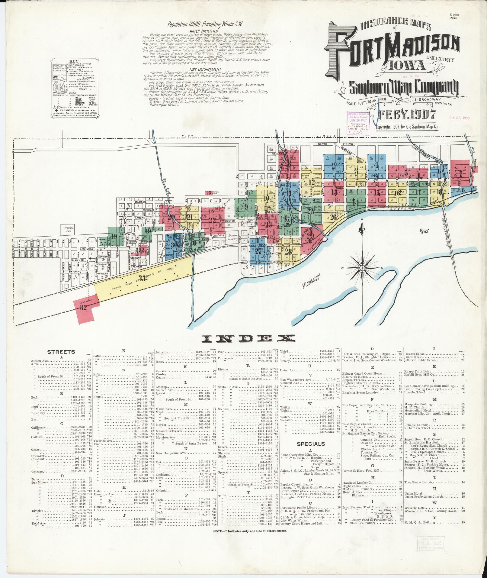 Sanborn Fire Insurance Map from Fort Madison, Lee County, Iowa (1907), Sheet #0001 - Historic Sanborn Fire Insurance Map Print, vintage old map wall art