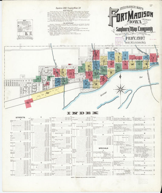 Sanborn Fire Insurance Map from Fort Madison, Lee County, Iowa (1907), Sheet #0001 - Historic Sanborn Fire Insurance Map Print, vintage old map wall art