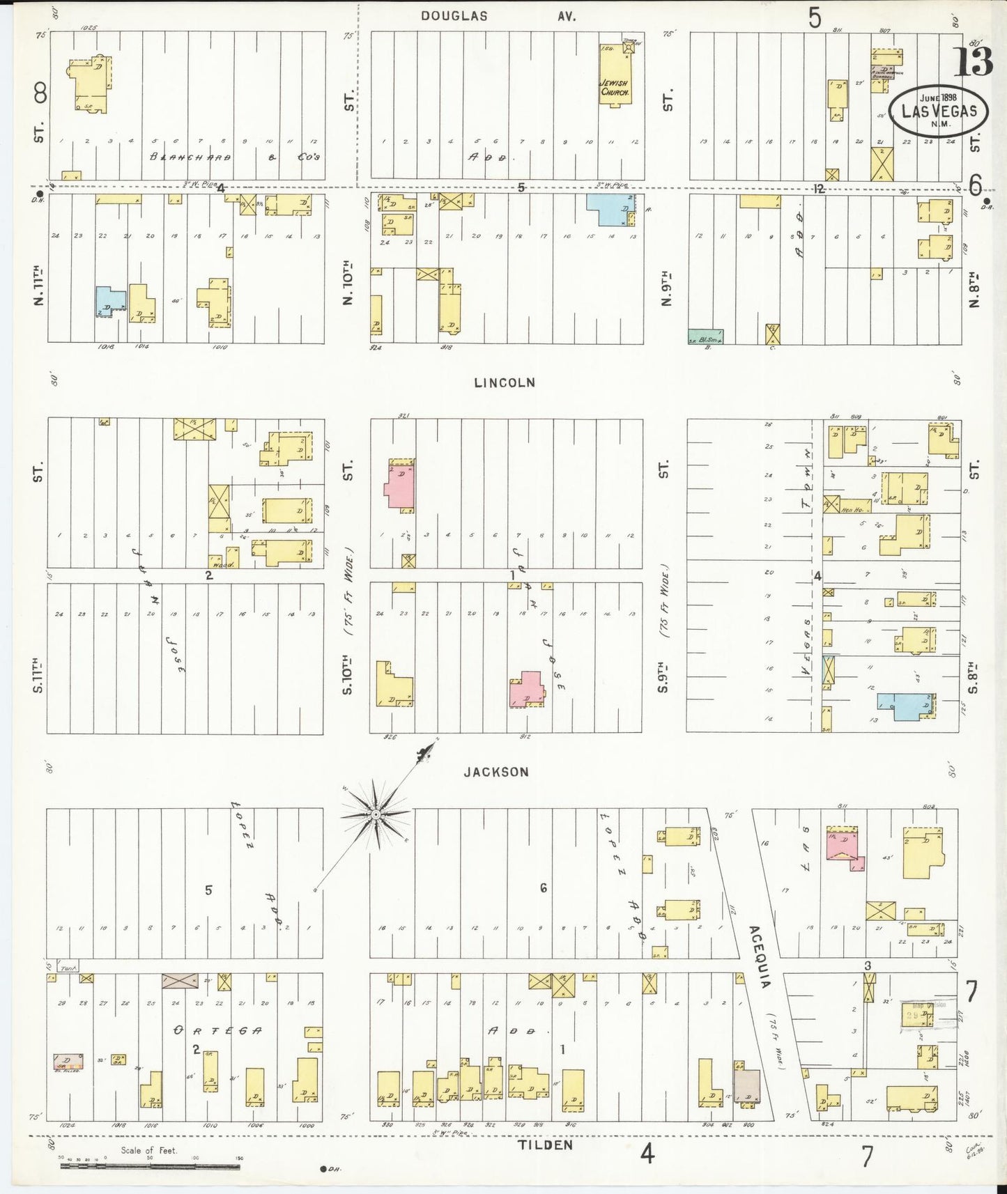 Sanborn Fire Insurance Map from Las Vegas, San Miguel County, New Mexico (1898), Sheet #0013 - Historic Sanborn Fire Insurance Map Print, vintage old map wall art, antique decor, genealogy gift, New Mexico New Mexico map