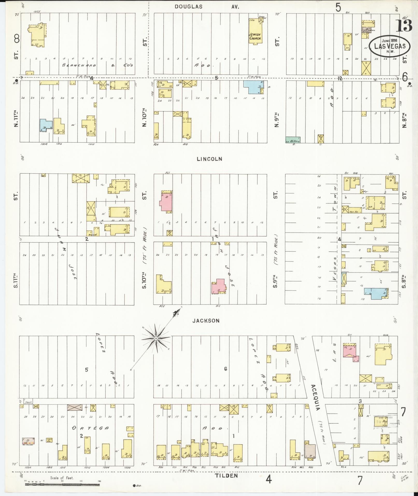 Sanborn Fire Insurance Map from Las Vegas, San Miguel County, New Mexico (1898), Sheet #0013 - Historic Sanborn Fire Insurance Map Print, vintage old map wall art, antique decor, genealogy gift, New Mexico New Mexico map