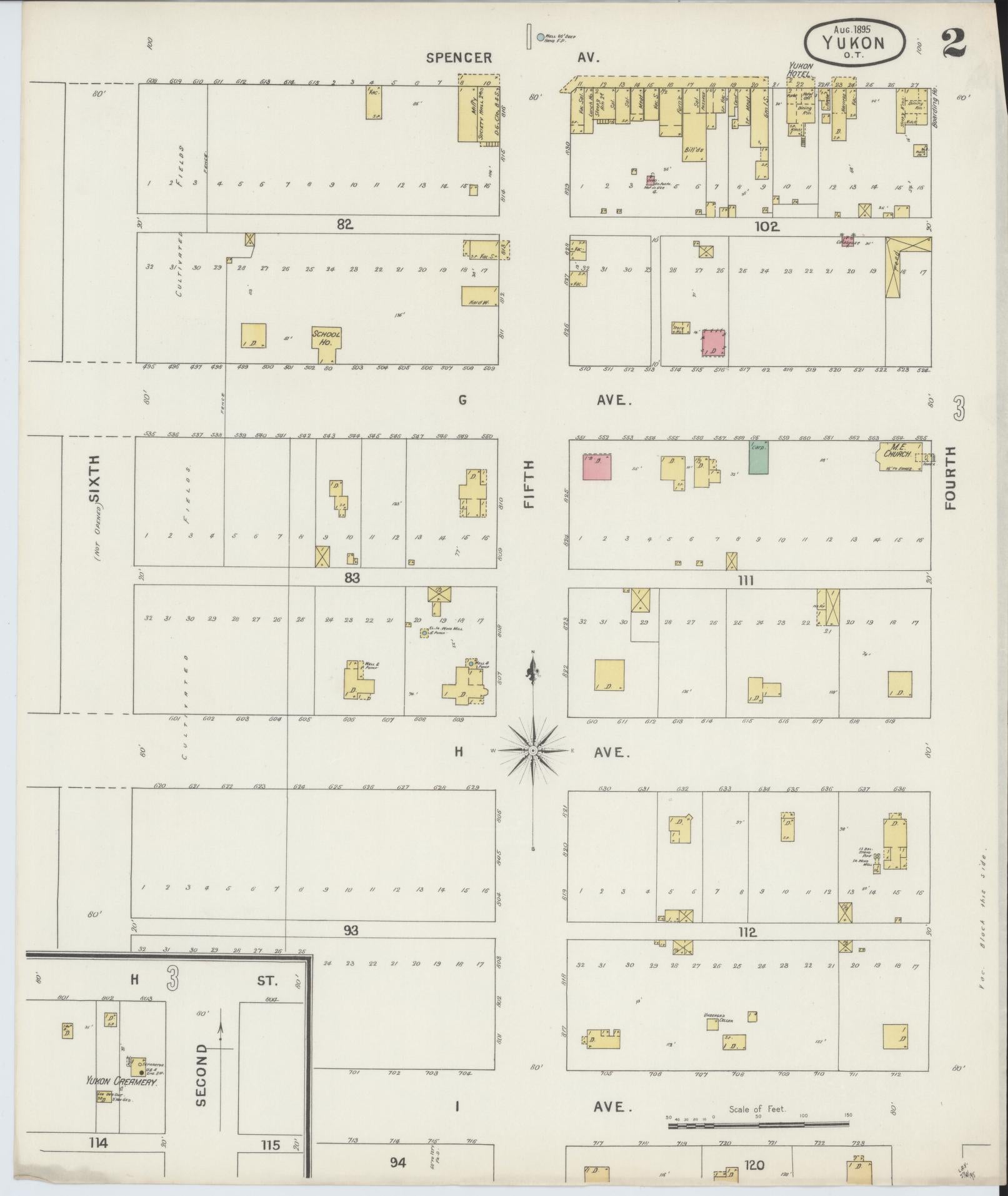 Sanborn Fire Insurance Map from Yukon, Canadian County, Oklahoma (1895), Sheet #0002 - Complete Map Set gallery image, historic Sanborn map, vintage wall art, Oklahoma Oklahoma