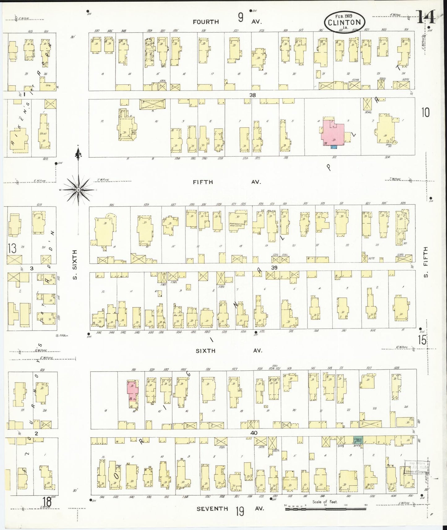 Sanborn Fire Insurance Map from Clinton, Clinton County, Iowa (1909), Sheet #0014 - Historic Sanborn Fire Insurance Map Print, vintage old map wall art