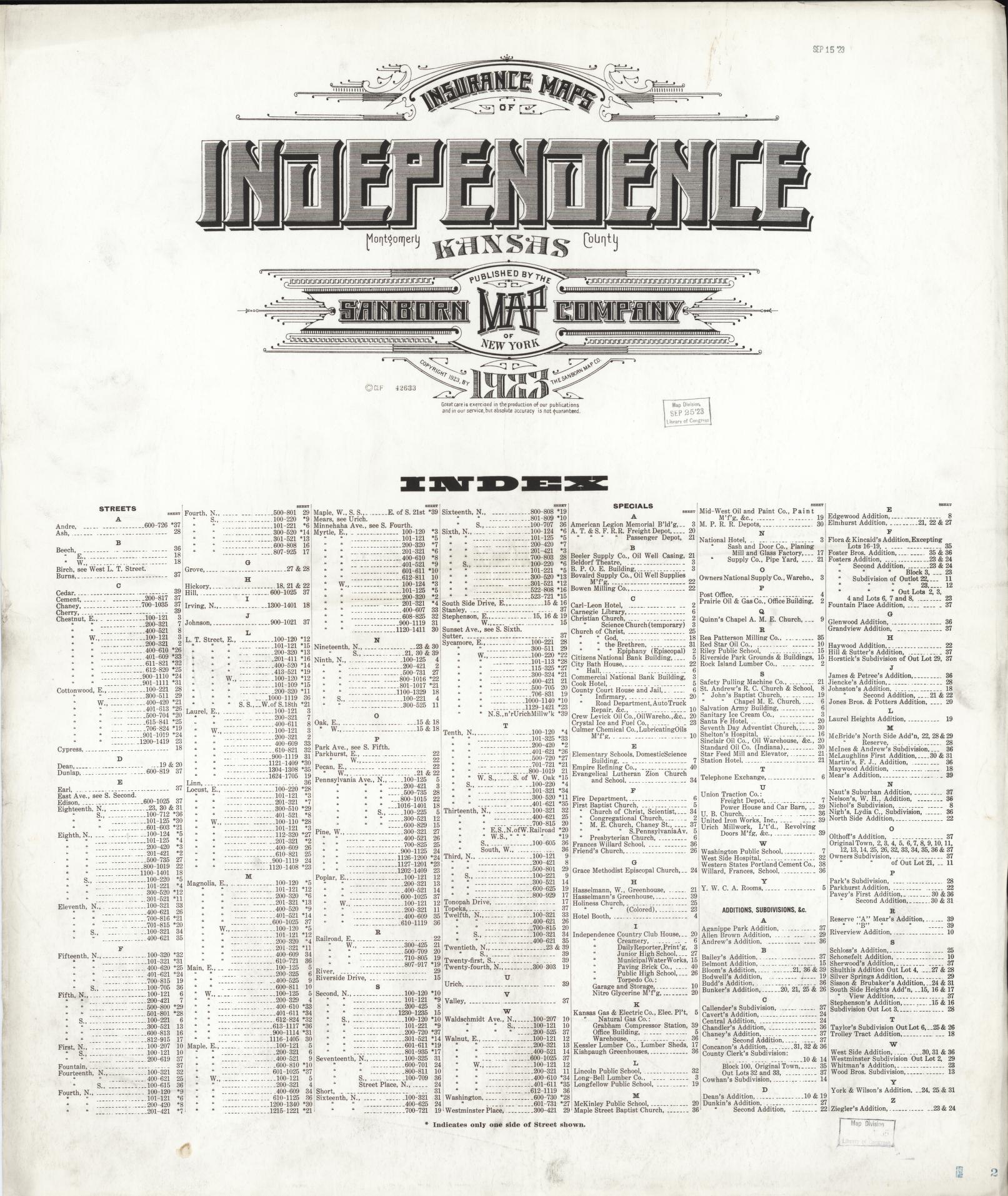 Sanborn Fire Insurance Map from Independence, Montgomery County, Kansas (1923), Sheet #0001 - Historic Sanborn Fire Insurance Map Print, vintage old map wall art, antique decor, genealogy gift, Kansas Kansas map