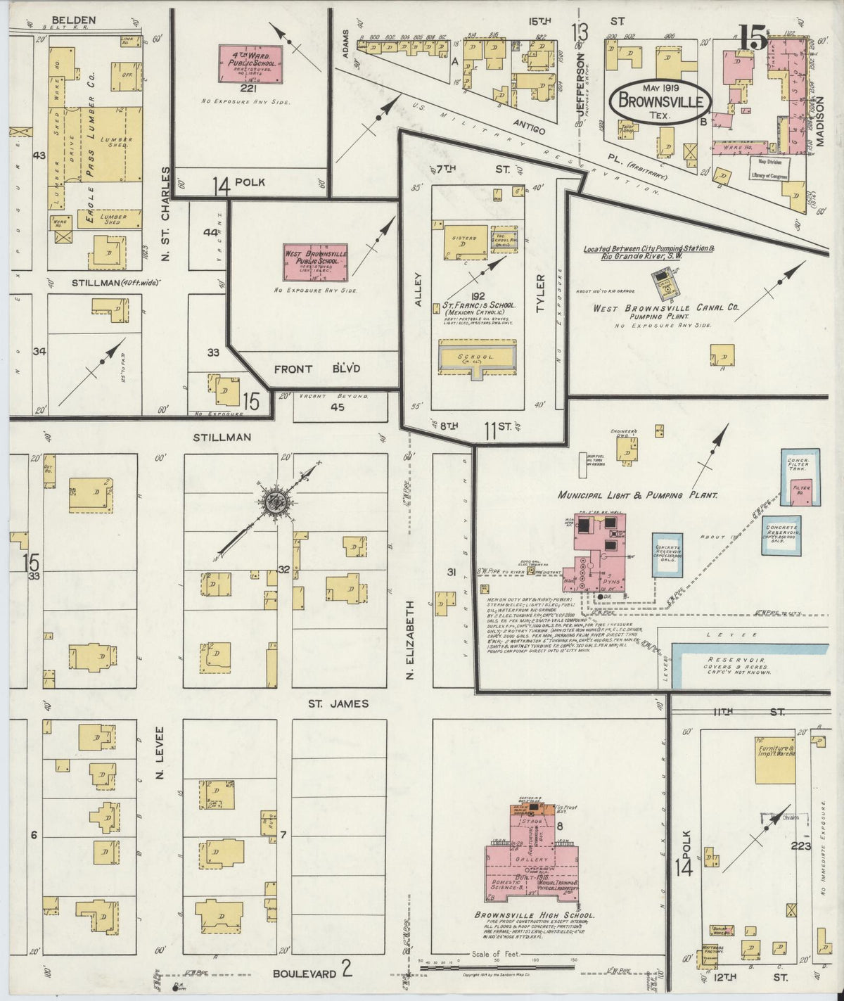 Sanborn Fire Insurance Map from Brownsville, Cameron County, Texas (1919), Sheet #0015 - Complete Map Set gallery image, historic Sanborn map, vintage wall art, Texas Texas
