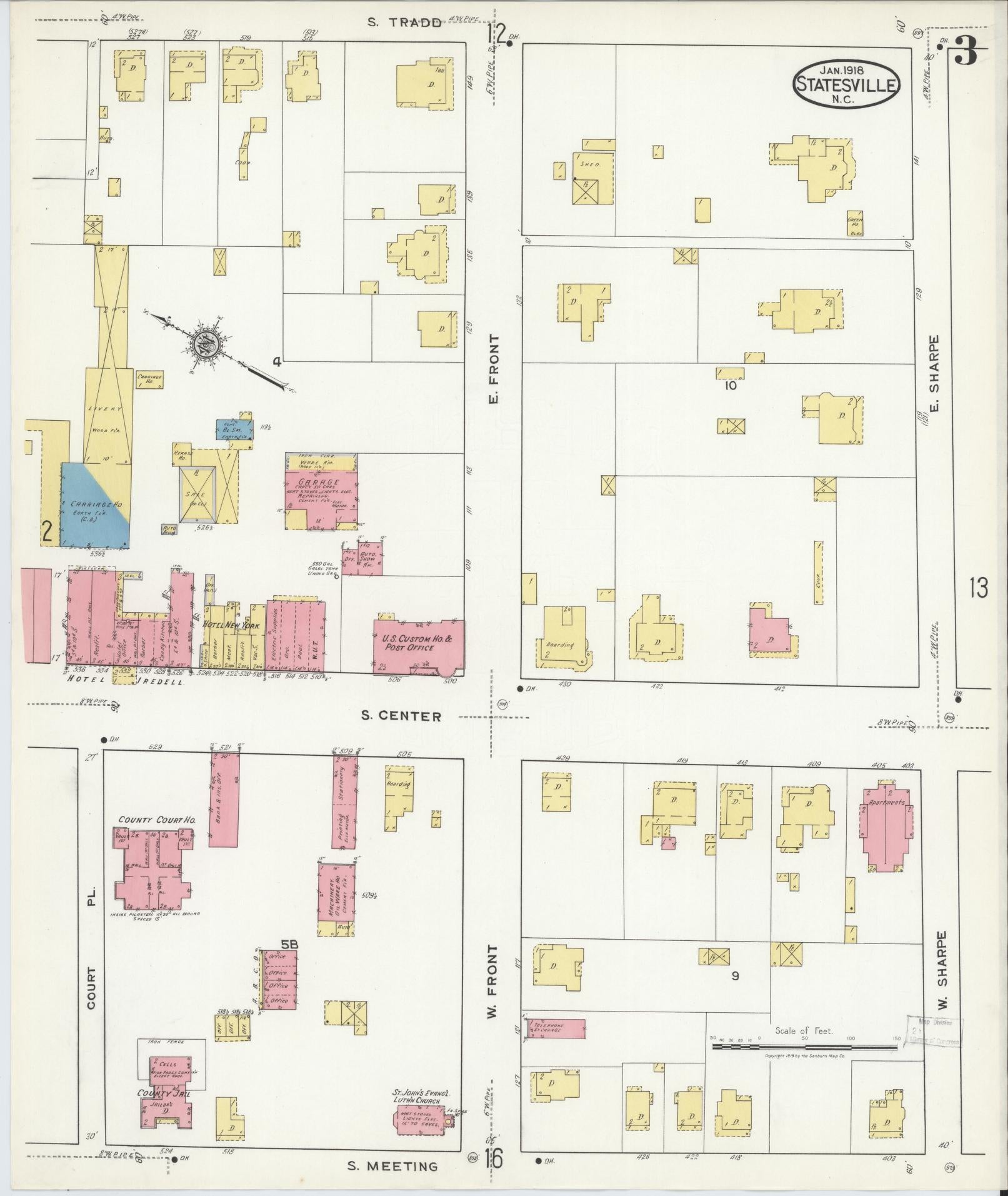 Sanborn Fire Insurance Map from Statesville, Iredell County, North Carolina (1918), Sheet #0003 - Historic Sanborn Fire Insurance Map Print, vintage old map wall art, antique decor, genealogy gift, North Carolina North Carolina map