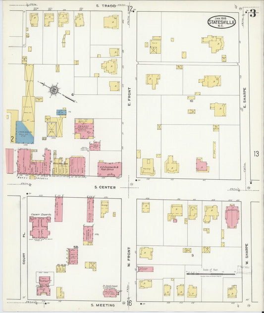 Sanborn Fire Insurance Map from Statesville, Iredell County, North Carolina (1918), Sheet #0003 - Historic Sanborn Fire Insurance Map Print, vintage old map wall art, antique decor, genealogy gift, North Carolina North Carolina map