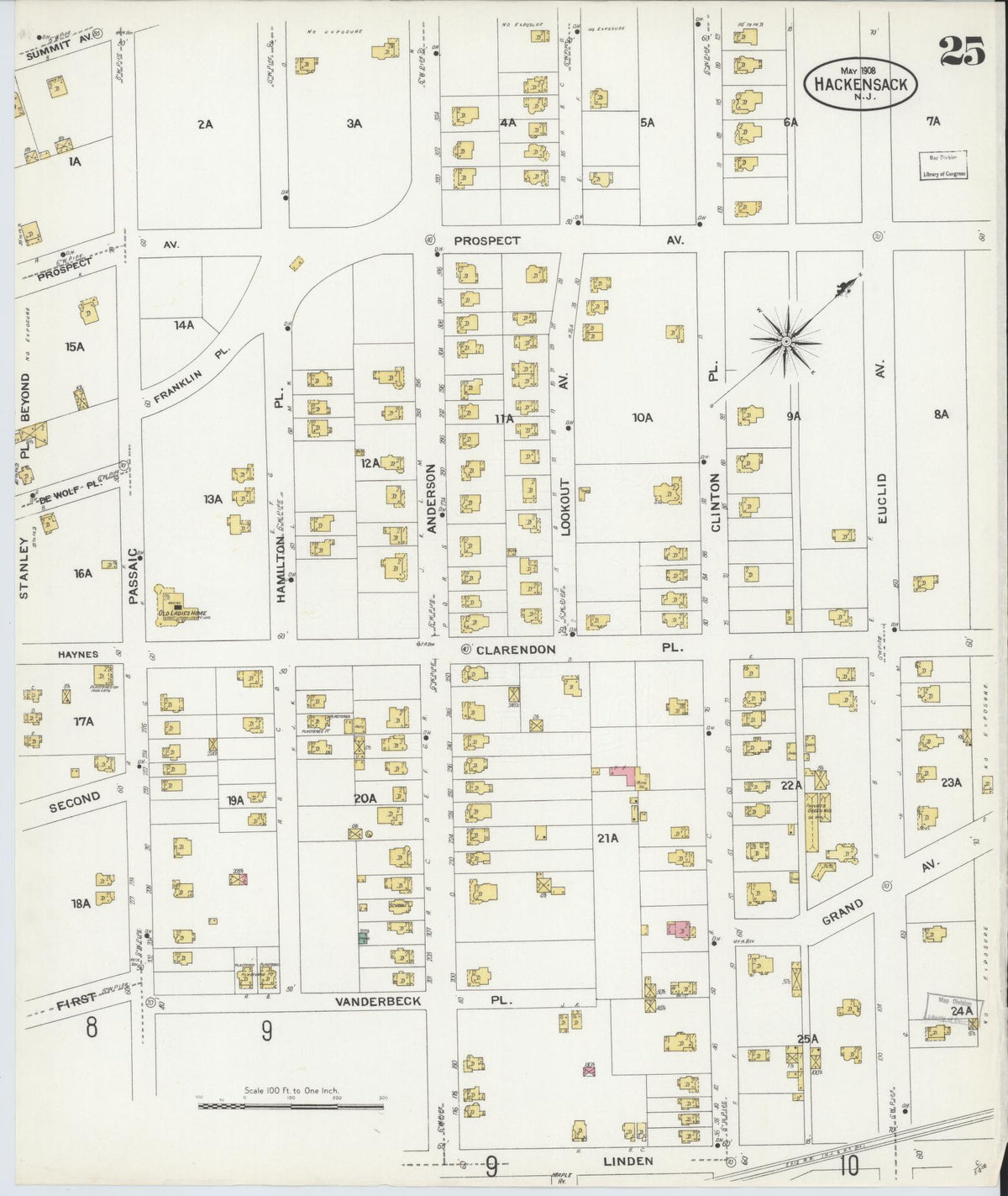 Sanborn Fire Insurance Map from Hackensack, Bergen County, New Jersey (1908), Sheet #0025 - Historic Sanborn Fire Insurance Map Print, vintage old map wall art, antique decor, genealogy gift, New Jersey New Jersey map
