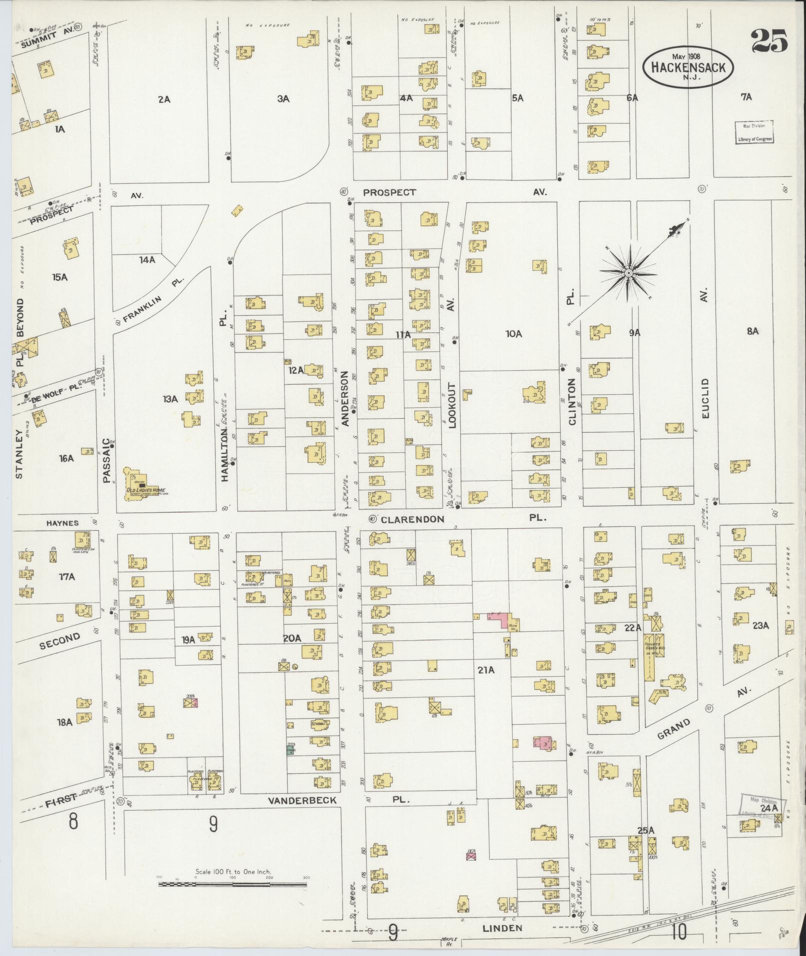 Sanborn Fire Insurance Map from Hackensack, Bergen County, New Jersey (1908), Sheet #0025 - Historic Sanborn Fire Insurance Map Print, vintage old map wall art, antique decor, genealogy gift, New Jersey New Jersey map