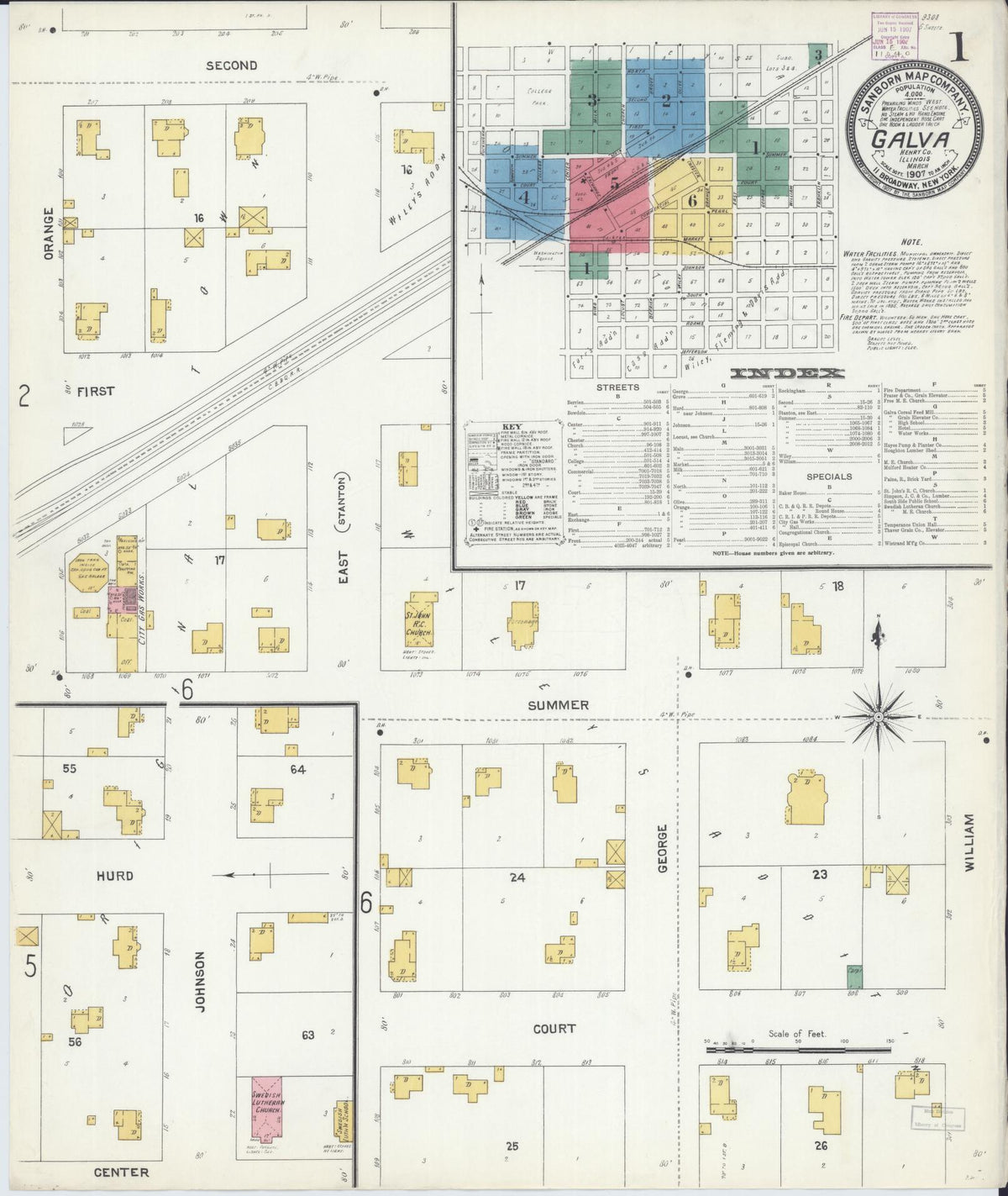 Sanborn Fire Insurance Map from Galva, Henry County, Illinois (1907), Sheet #0001 - Complete Map Set gallery image, historic Sanborn map, vintage wall art, Illinois Illinois