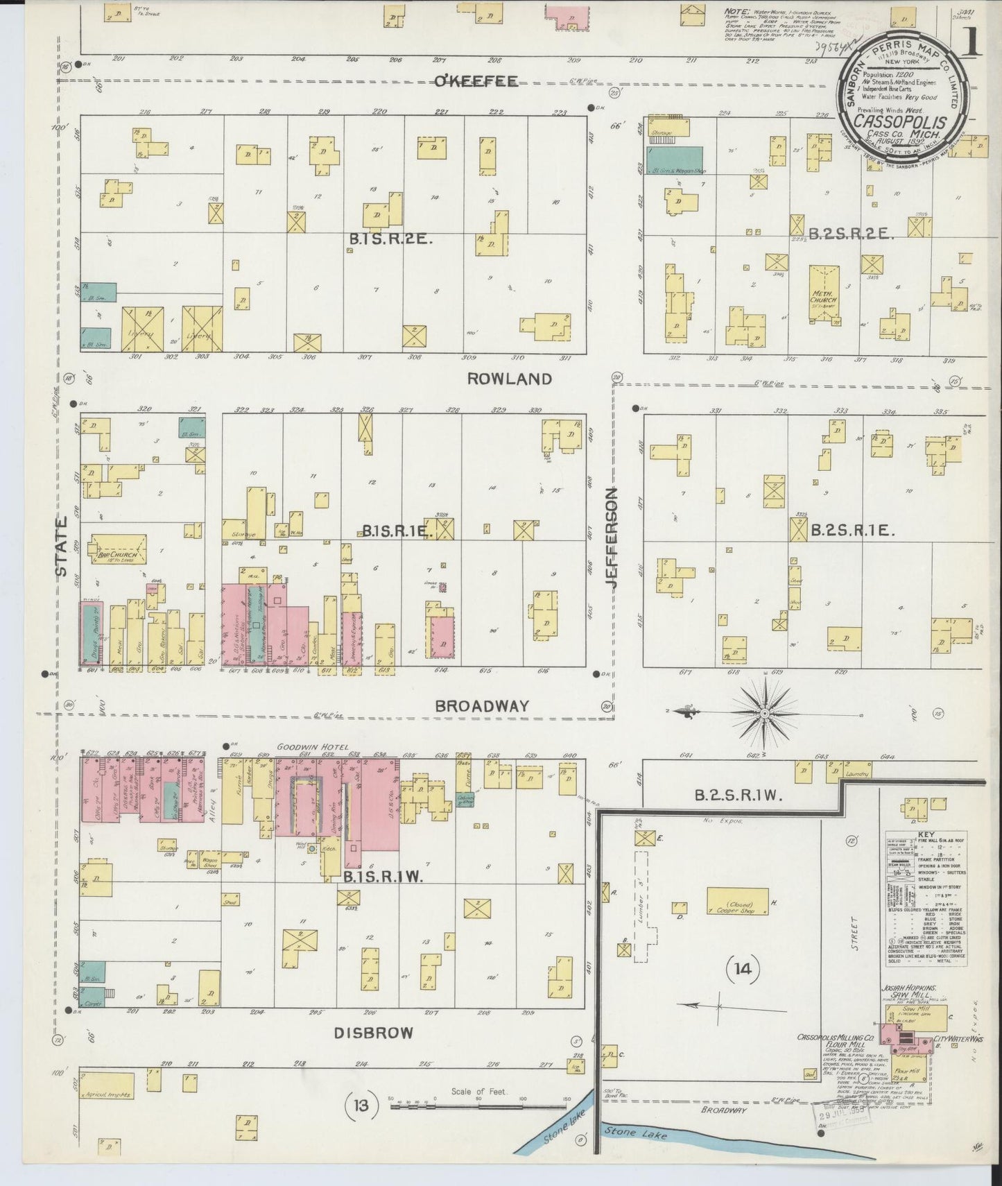 Sanborn Fire Insurance Map from Cassopolis, Cass County, Michigan (1892), Sheet #0001 - Historic Sanborn Fire Insurance Map Print, vintage old map wall art, antique decor, genealogy gift, Michigan Michigan map