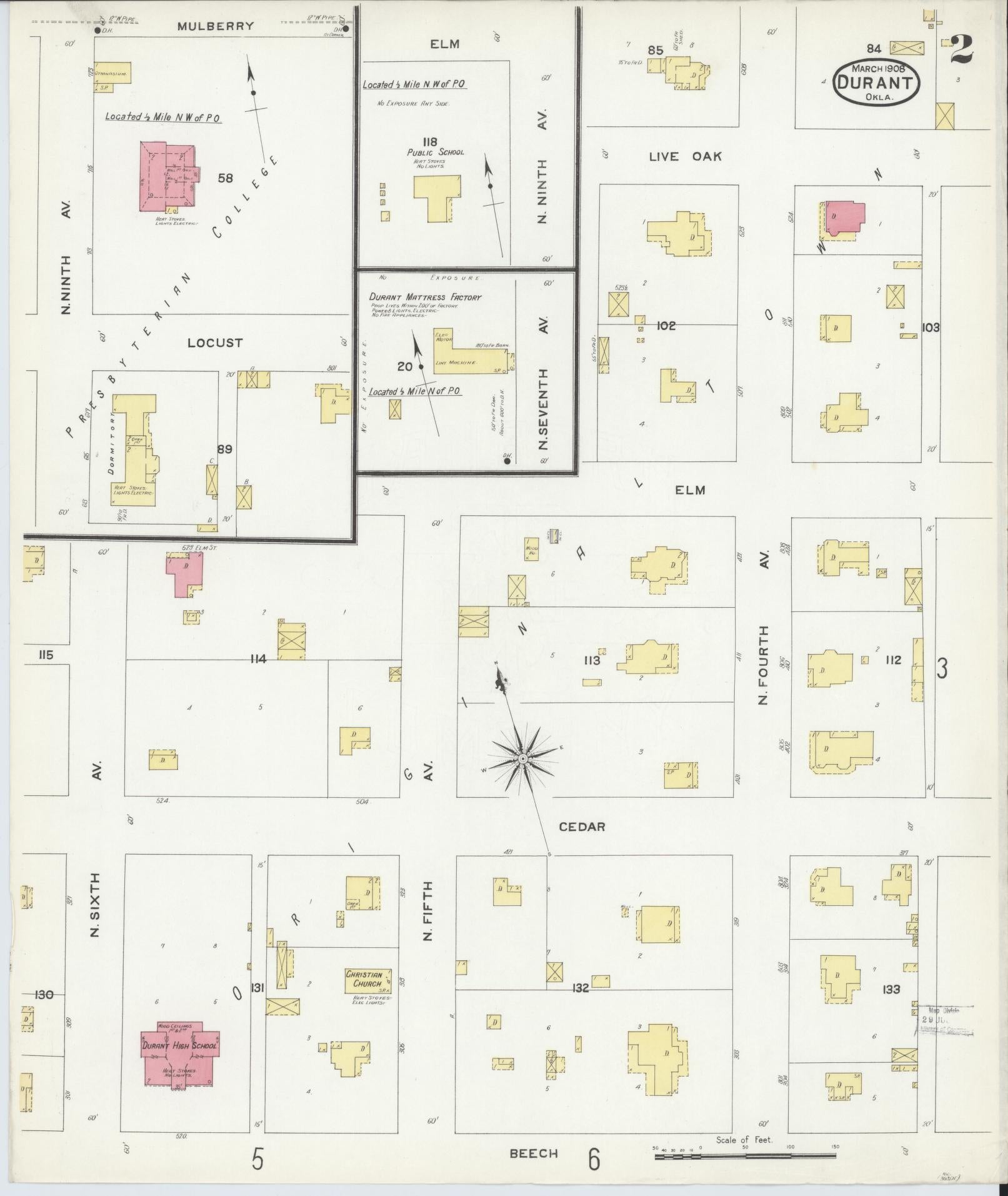 Sanborn Fire Insurance Map from Durant, Bryan County, Oklahoma (1908), Sheet #0002 - Historic Sanborn Fire Insurance Map Print, vintage old map wall art, antique decor, genealogy gift, Oklahoma Oklahoma map
