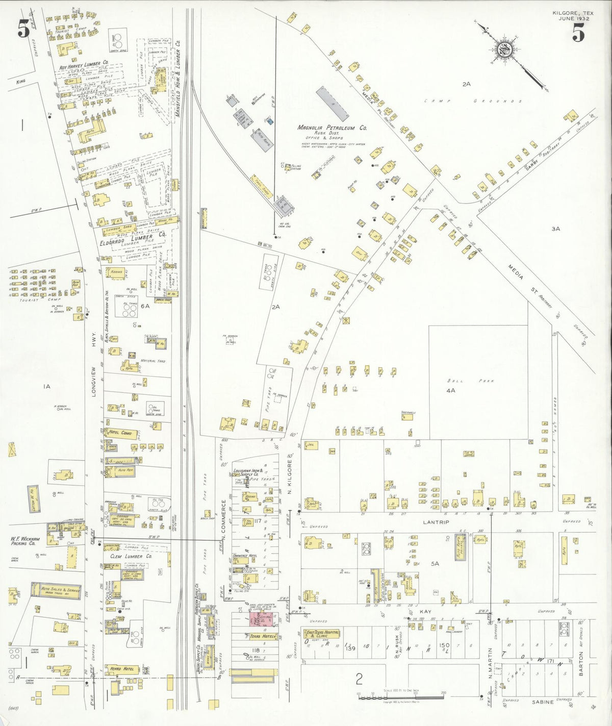 Sanborn Fire Insurance Map from Kilgore, Gregg County, Texas (1932), Sheet #0005 - Complete Map Set gallery image, historic Sanborn map, vintage wall art, Texas Texas