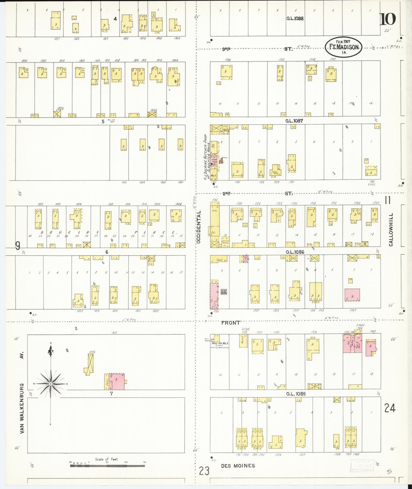 Sanborn Fire Insurance Map from Fort Madison, Lee County, Iowa (1907), Sheet #0010 - Historic Sanborn Fire Insurance Map Print, vintage old map wall art