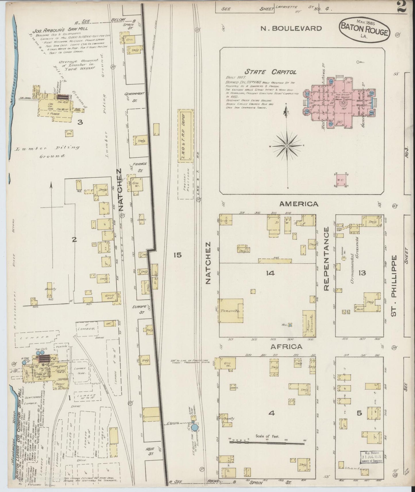 Sanborn Fire Insurance Map from Baton Rouge, East Baton Rouge Parish, Louisiana (1885), Sheet #0002 - Historic Sanborn Fire Insurance Map Print, vintage old map wall art, antique decor, genealogy gift, Louisiana Louisiana map