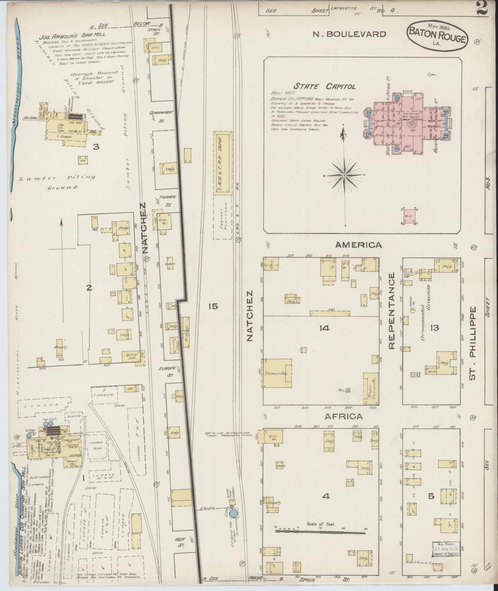 Sanborn Fire Insurance Map from Baton Rouge, East Baton Rouge Parish, Louisiana (1885), Sheet #0002 - Historic Sanborn Fire Insurance Map Print, vintage old map wall art, antique decor, genealogy gift, Louisiana Louisiana map